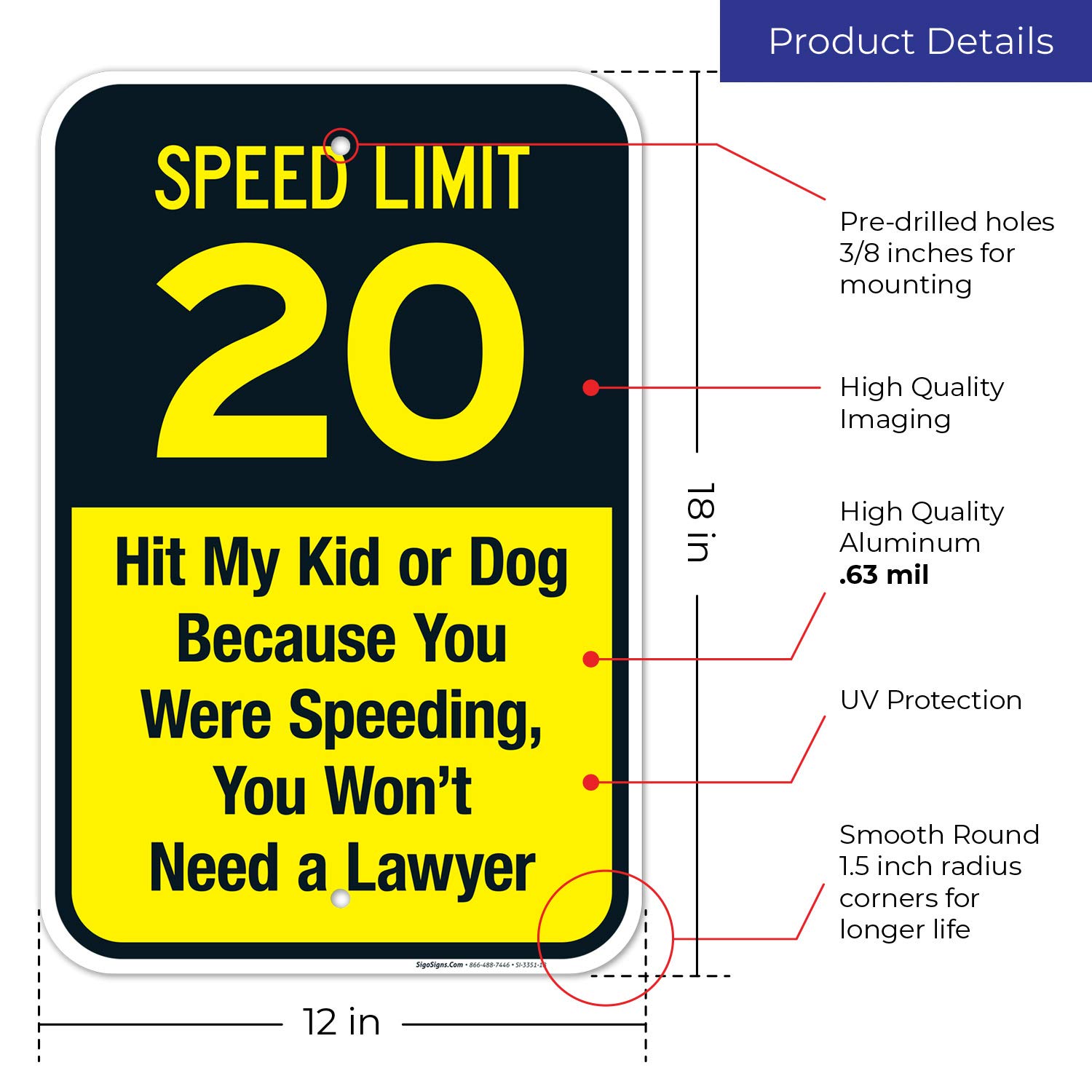 Speed Limit 20 Sign, Traffic Sign, 12x18 Inches, Rust Free