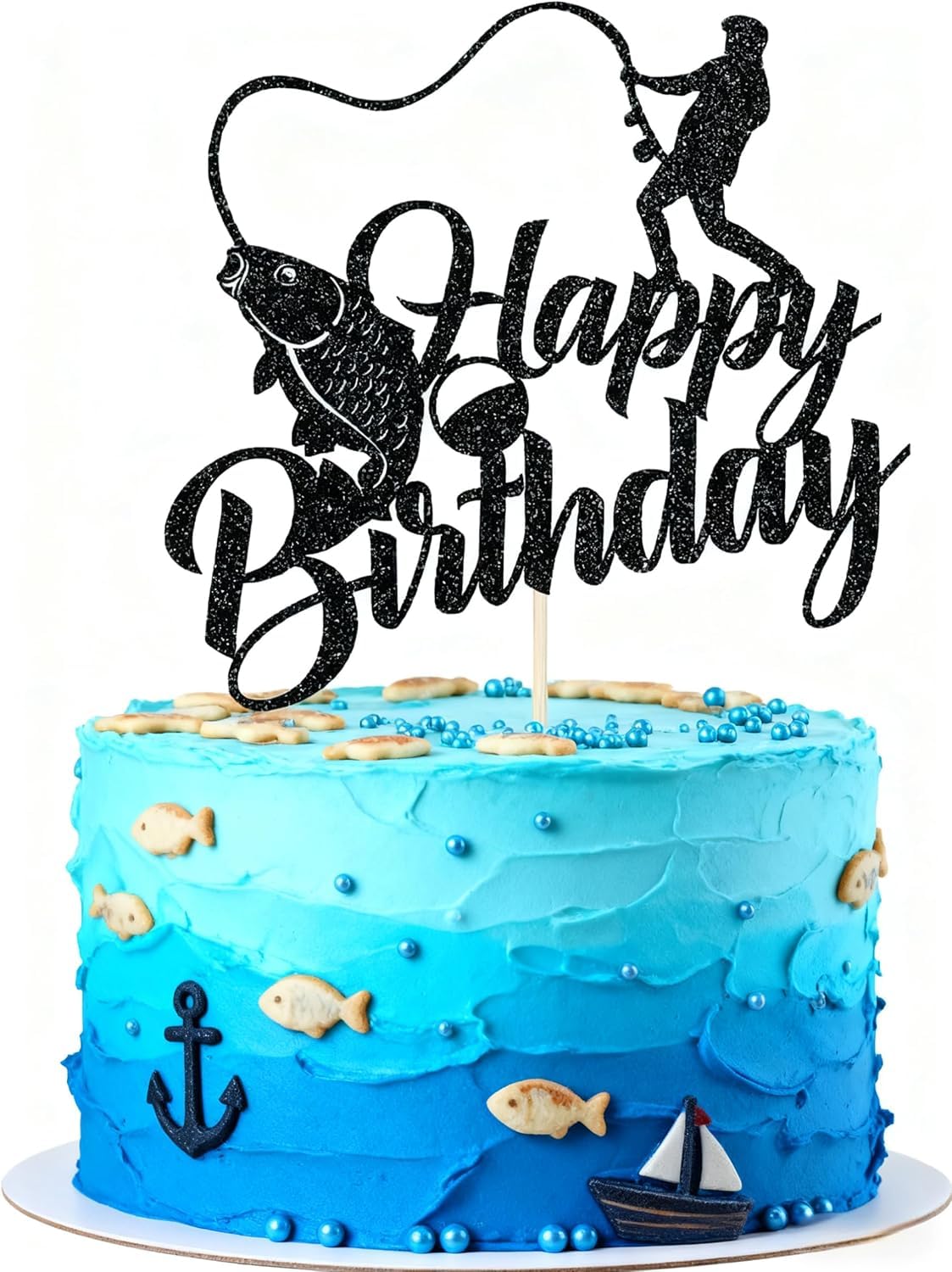 Muiltvoe Fishing Cake Topper, Fish Cake Decorations Set for Fisherman Birthday Party, Outdoor Fishing Themed Cake Decoration Supplies with Fish & Fishing Rod Design for Adult Men Women