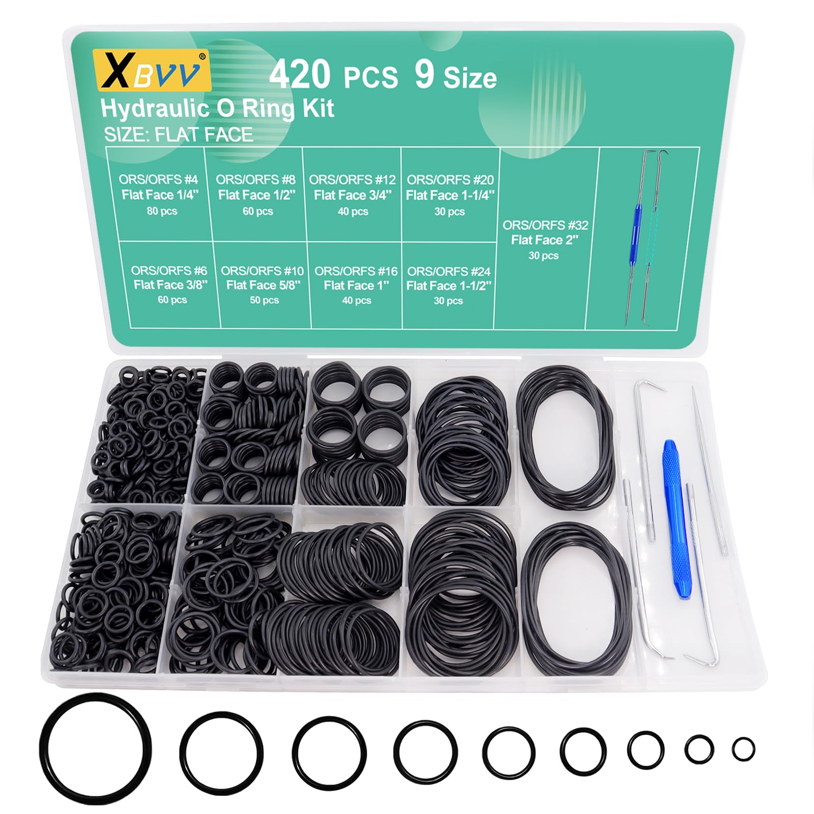 XBVV 420 Pcs Hydraulic O-Ring Kit for ORS/ORFS Flat Face Fittings 9 Size Buna-N 70A O-Ring Seal Kit with Pick for Hydraulic Fittings,SAE J1453 Fittings,Hydraulic Pumping,Size 1/4″-2″