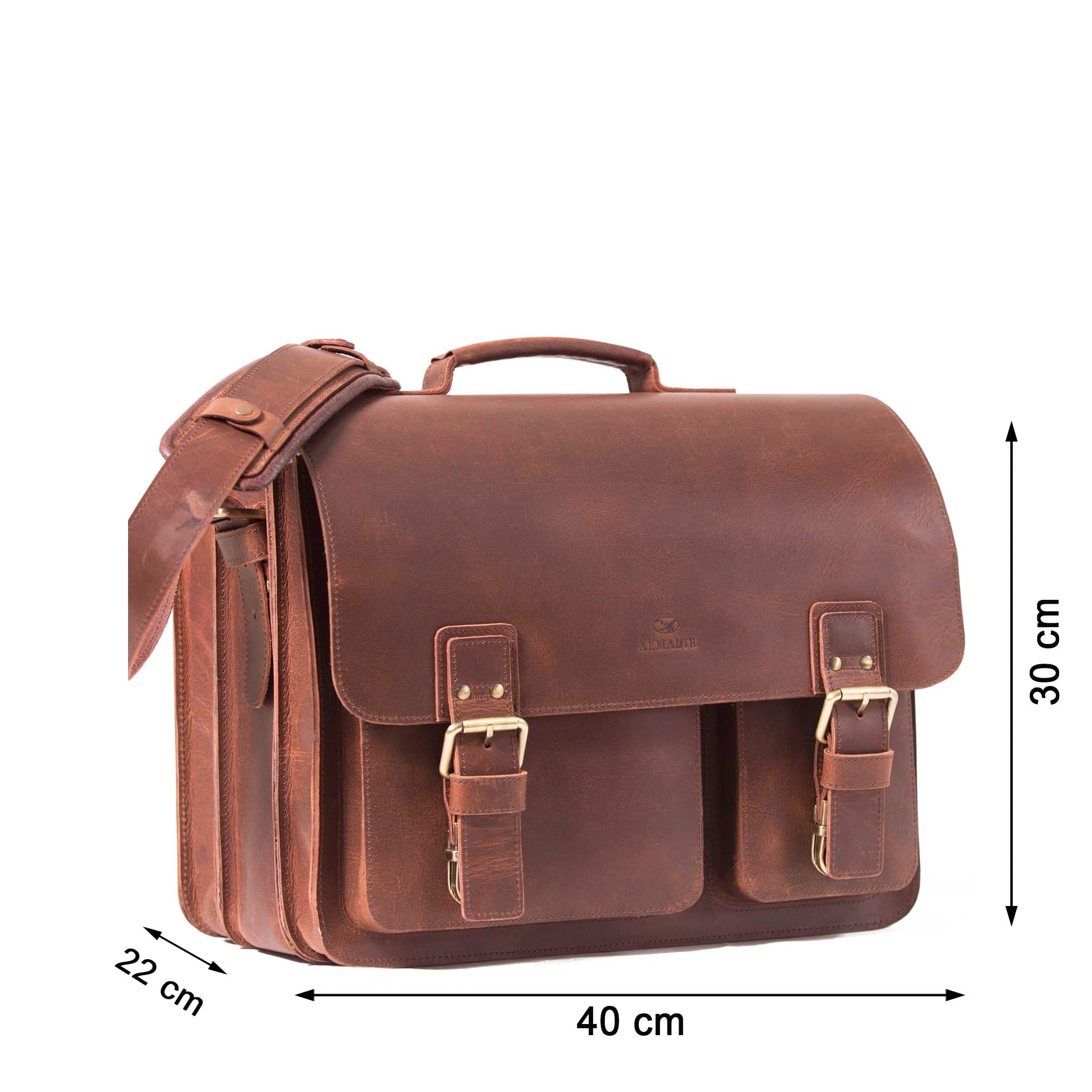 ALMADIH Leder XXL Aktentasche SAM handgefertigt, 3 große Fächern - robustem Rindsleder braun Vintage, Lehrertasche Anwalttasche Laptoptasche Notebook Unitasche Businesstasche Umhängetasche