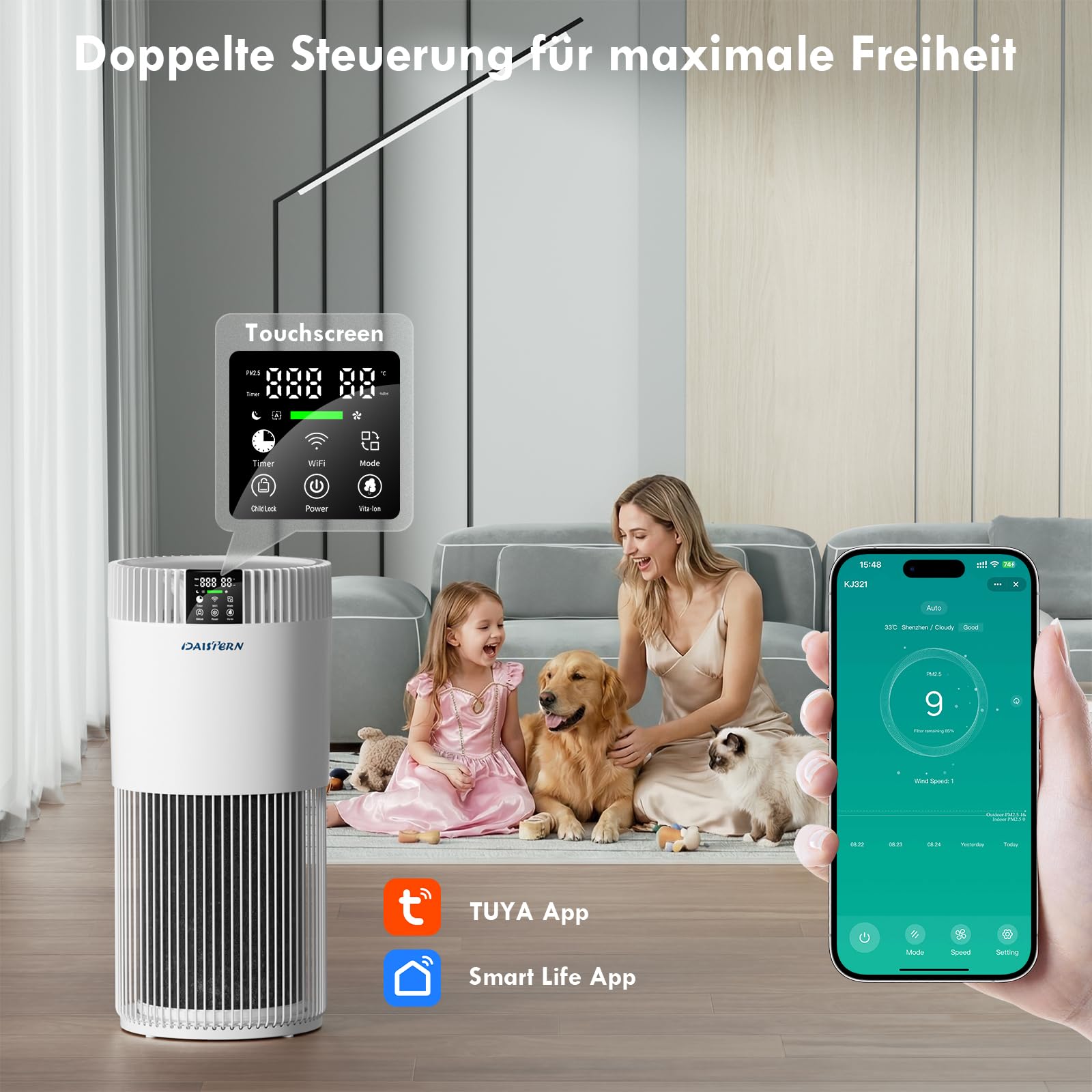Smart Luftreiniger für Haustiere bis 78㎡, HEPA H13 Filter, CADR 345m³/h, entfernt Tierhaare, Allergene & Gerüche, Ionisator, Pet Purifier für Pollen Formaldehyd Schlafzimmer & Wohnzimmer
