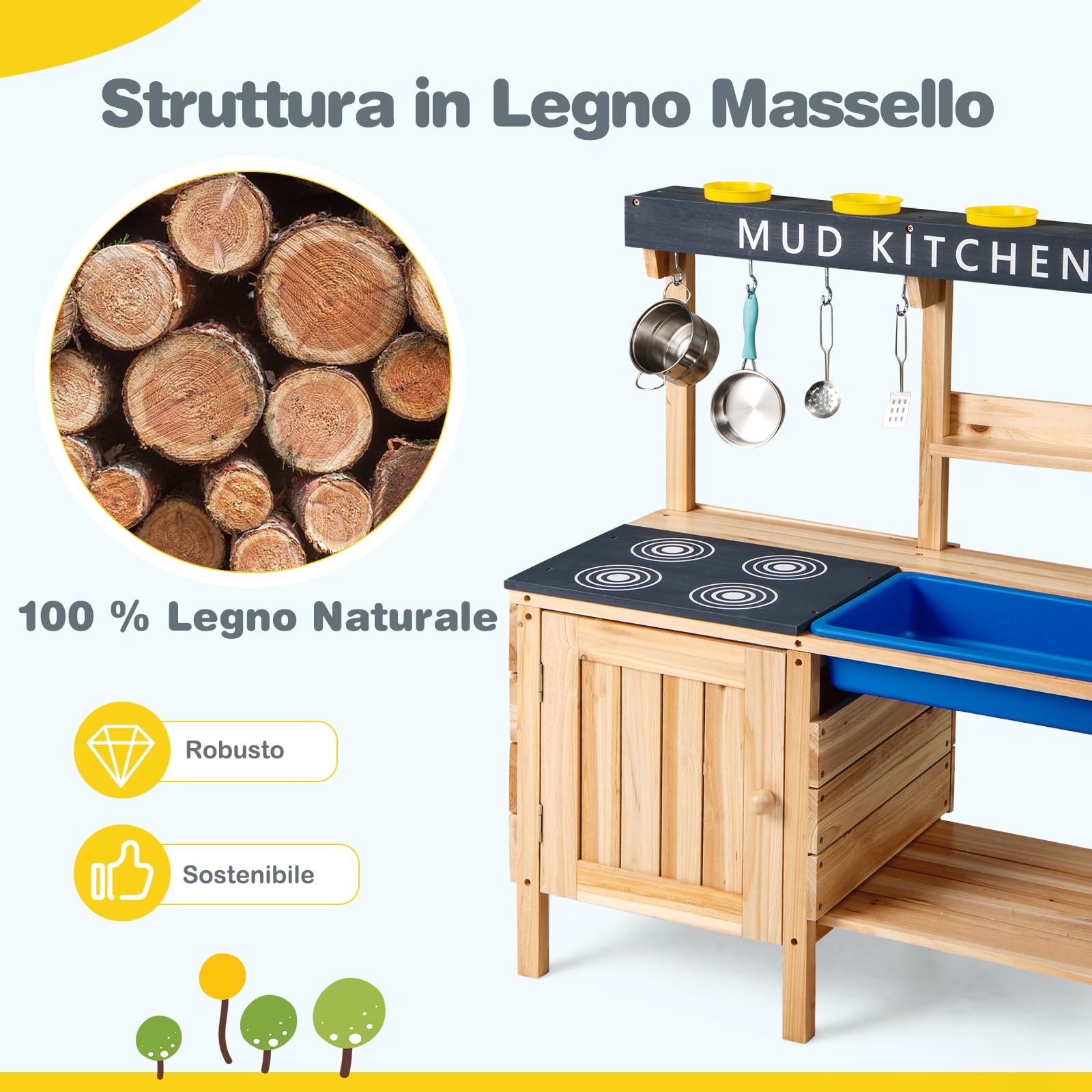 COSTWAY Cucina Giocattolo per Bambini, Cucina in Legno da Esterno con Lavello Removibile, Fornello, Pentole e Ripiani, Cucinetta Giocattolo Interattiva con Accessori per Bambini 3-8 Anni, Naturale