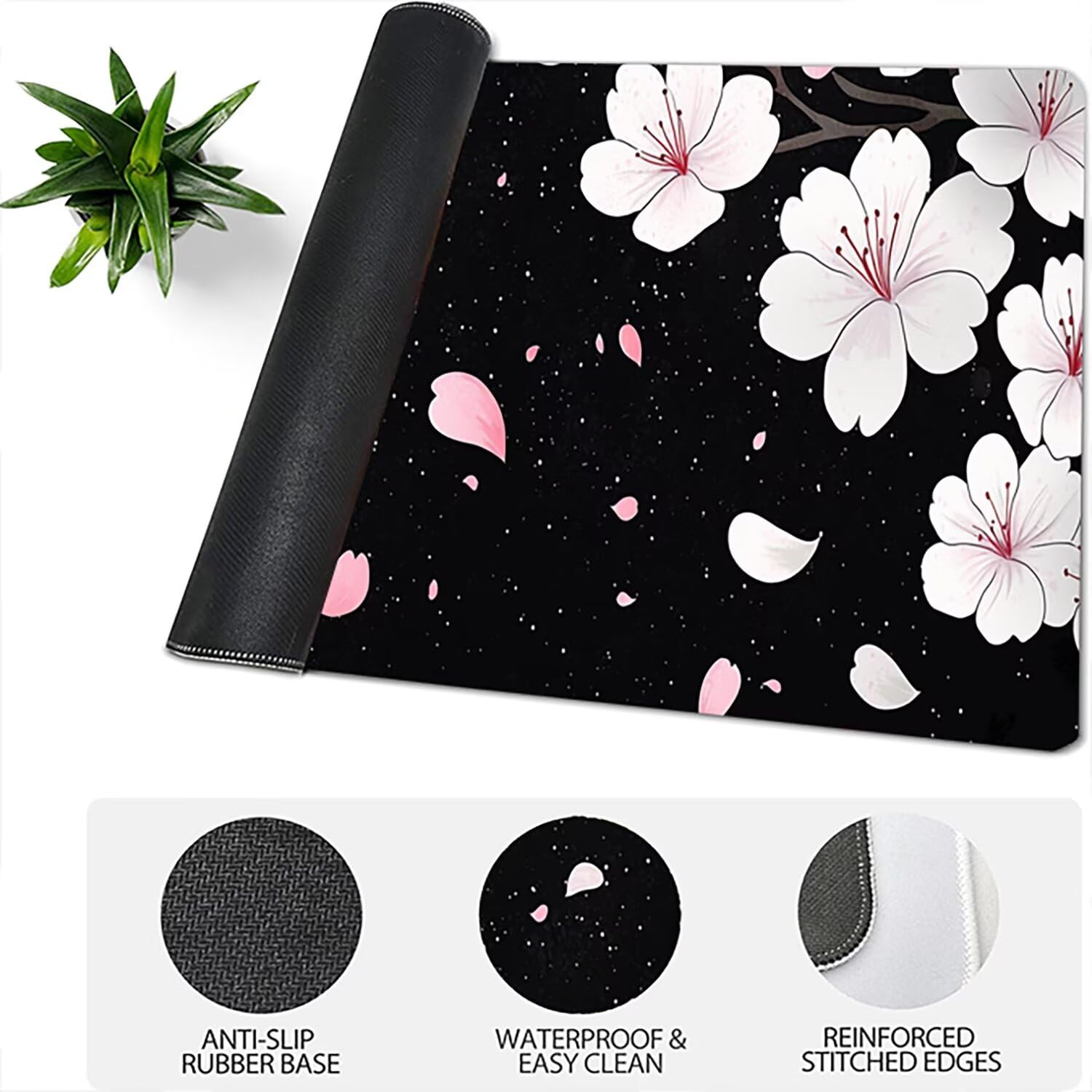 Lejnlnng Podkładka pod mysz do gier XXL, 120 x 60 cm - duża mata na biurko w kwiaty, wodoodporna podkładka pod mysz XL czarna, antypoślizgowa gumowa podkładka pod mysz z przeszytymi krawędziami do