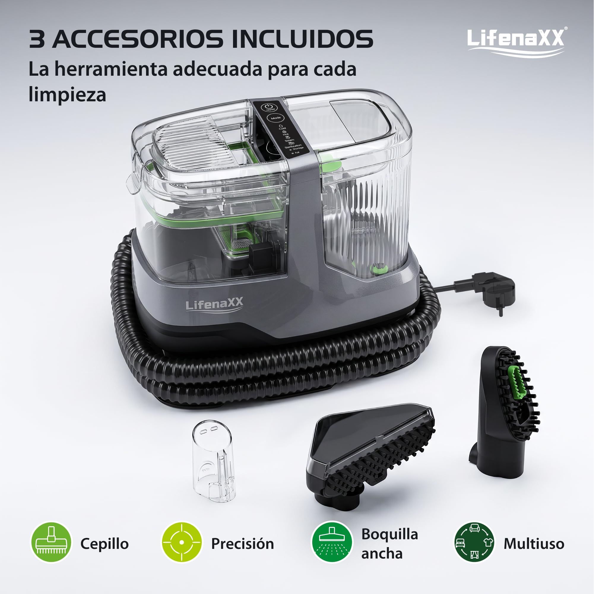Lifenaxx Limpiador de Vapor para Tejidos 1800W Pro LX-069 | Sistema de Limpieza a Vapor con Potente Succión | Limpieza Profunda para Tapicerías, Colchones y Alfombras | Doble Depósito, 8 Accesorios