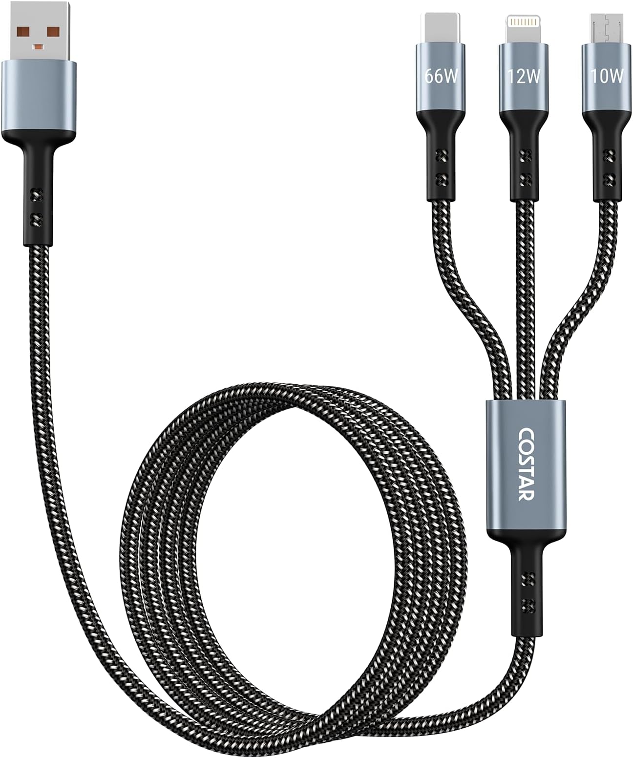 60W 3-in-1 Multi Fast Charging Cable – 3A Nylon Braided 1.5M Cable with Type-C & Micro USB for iPhone, iPad, Samsung, OnePlus, Xiaomi, Oppo, Vivo, Android & Car Charging (Black)