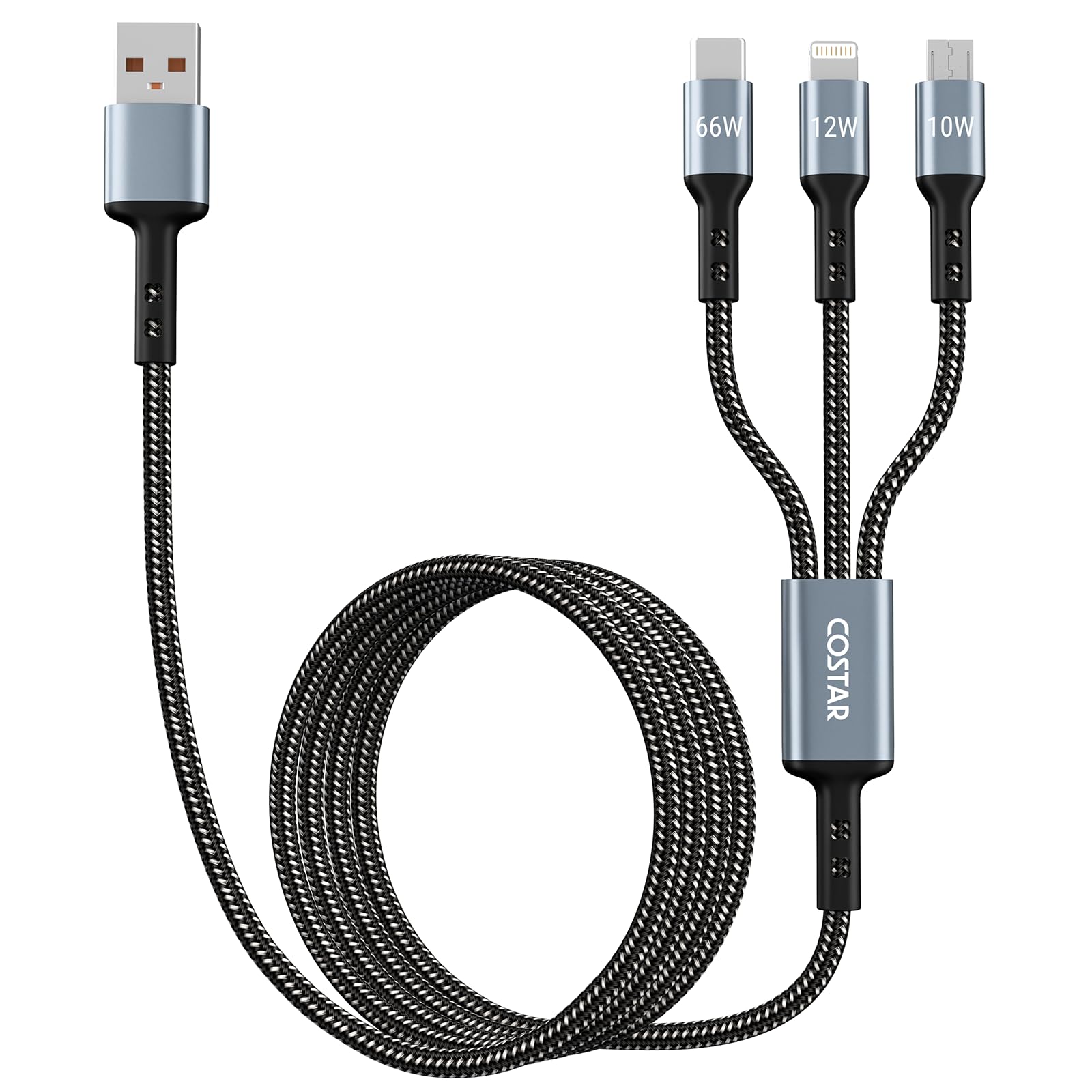 COSTAR 60W 3-in-1 Multi Fast Charging Cable – 3A Nylon Braided 1.5M Cable with Lightning, Type-C & Micro USB for iPhone, iPad, Samsung, OnePlus, Xiaomi, Oppo, Vivo, Android & Car Charging (Black)