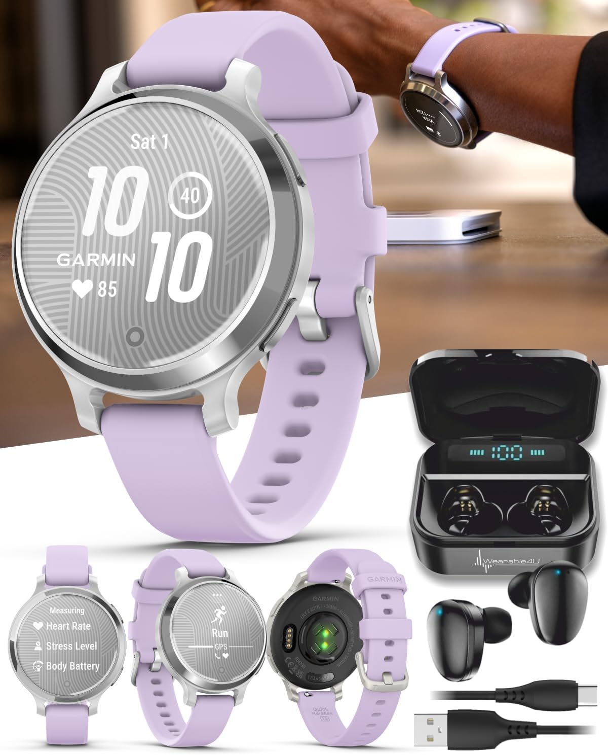 Wearable4U Garmin Lily 2 Active, Silver with Purple Jasmine Silicone Band, Smartwatch, Built-in GPS, Hidden Display, Patterned Lens, Up to 9 Days Battery Life w Black Earbuds Bundle