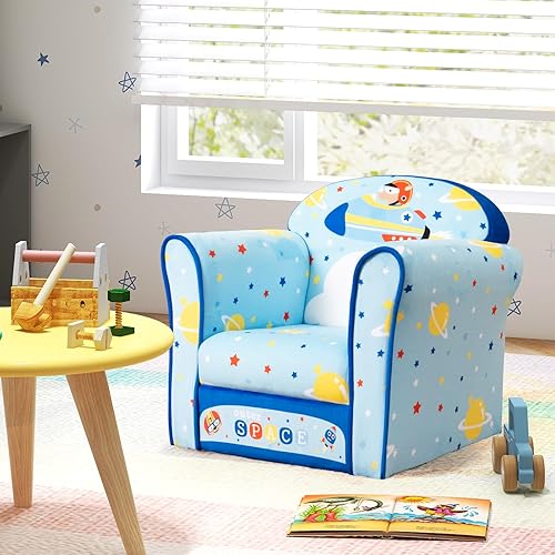 Miniatura 2 de HONEY JOY Sofá para niños, sillón para niños pequeños con patrón de avión, mini muebles de sala de juegos para niños, construcción de madera