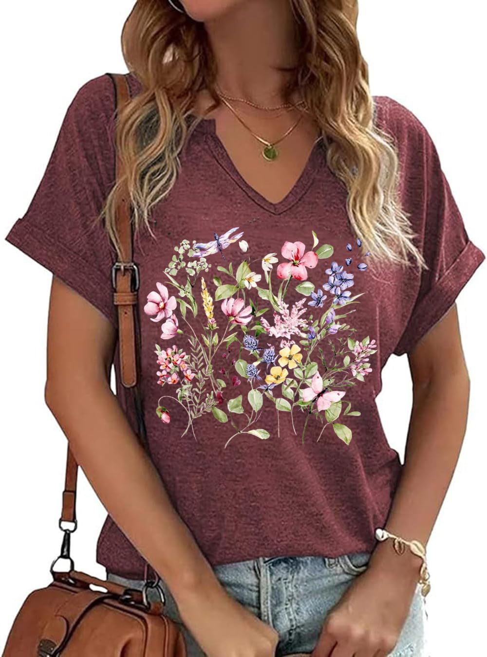 PUCKOLITY Vintage Flowers V Neck Shirt for Women Boho Floral Wildflowers Graphic Tee Casual Cottagecore Summer T Shirt