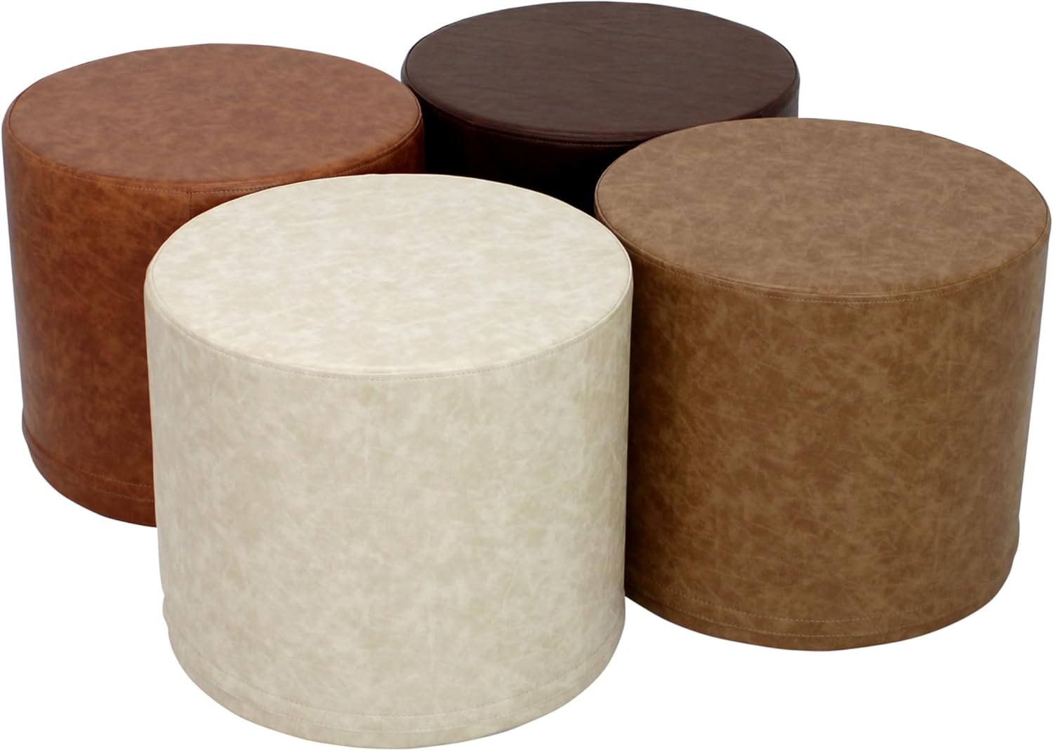 FDP Rustic SoftScape 18" Round Ottoman, Collaborative Flexible Seating for Kids, Teens, Adults, Furniture for Classrooms, Offices and Home, 12" H (4-Piece Set) - Distressed Faux Leather Assorted
