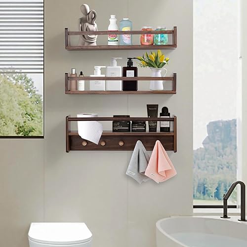 Miniatura 5 de AZSKY Estantería flotante de pared de 16 pulgadas con gancho, estante colgante de nogal profundo, para habitación de niños, dormitorio, baño, sala