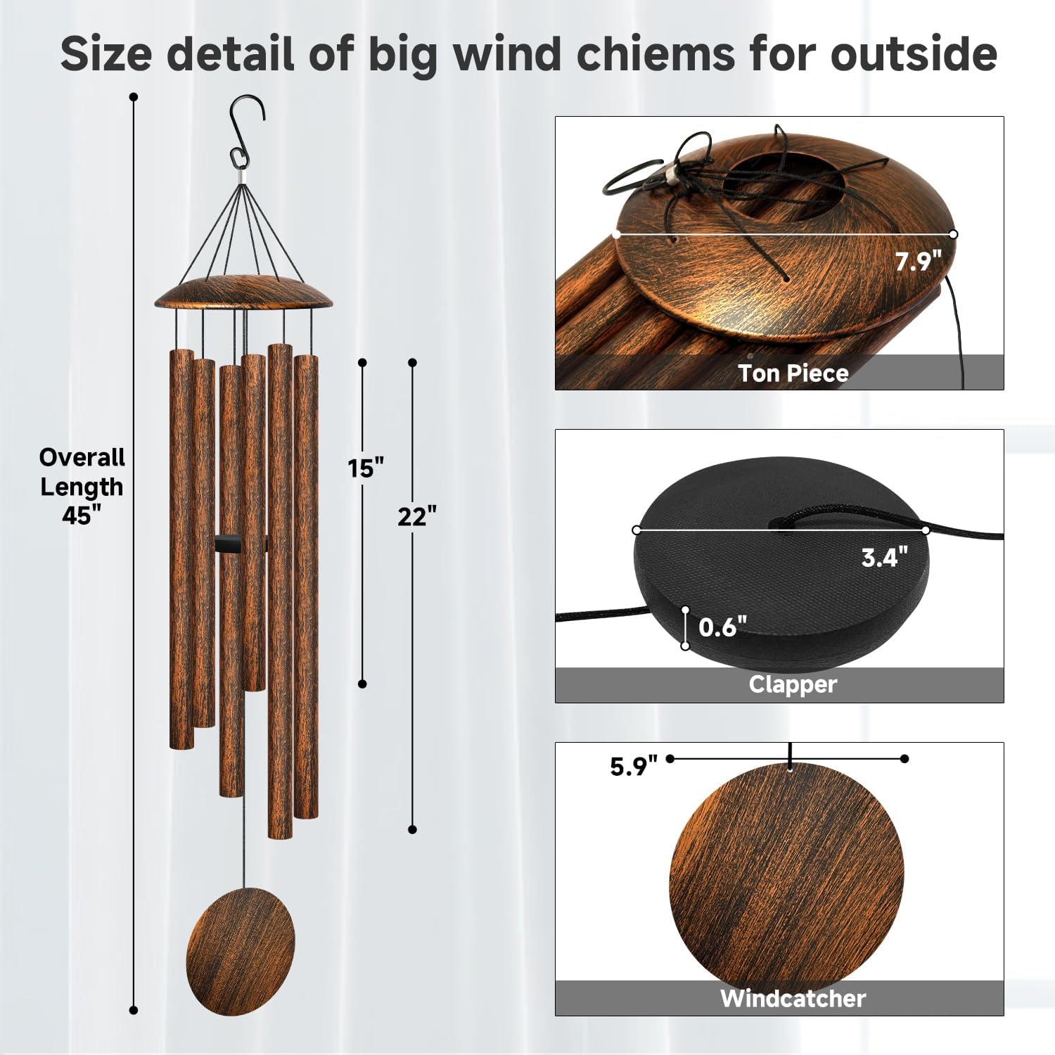 45" Large Wind Chimes for Outside, 6 Thick and Bold Aluminum Tubes Tuned Relaxing Melody Wind Chime Deep Tone, Big Wind Chimes for Garden Patio Decor, Great Gift Idea for Mother's Day (Vintage)