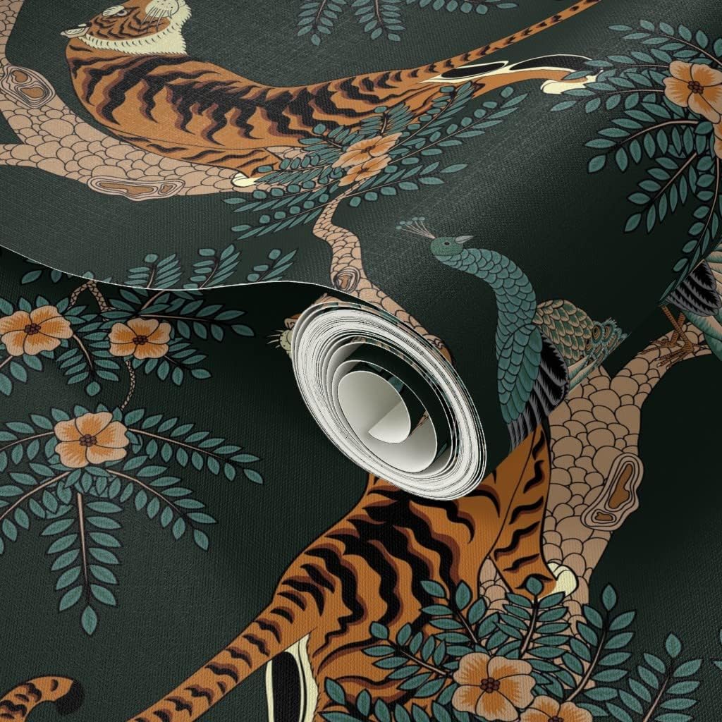 Spoonflower Peel & Stick Wallpaper 6ft x 2ft - Tiger Peacock Bird Asian Flowers Floral Chinese Tree Dark Custom Removable Wallpaper
