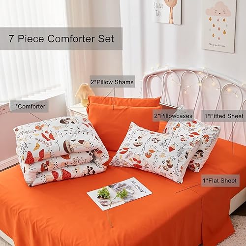 Miniatura 7 de Juego de edredón de hongos, 7 piezas en una bolsa con juego de sábanas para niños y adultos (1 edredón, 1 sábana encimera, 1 sábana bajera, 4 fundas