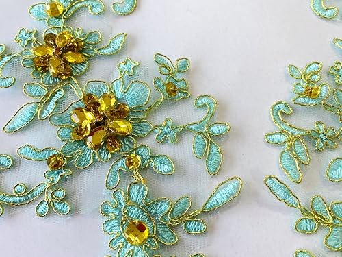 Miniatura 15 de Zbroh Parches de tela de encaje fino bordados con diamantes de imitación bordados, decoración de vestido para coser en lentejuelas cuentas, Azul