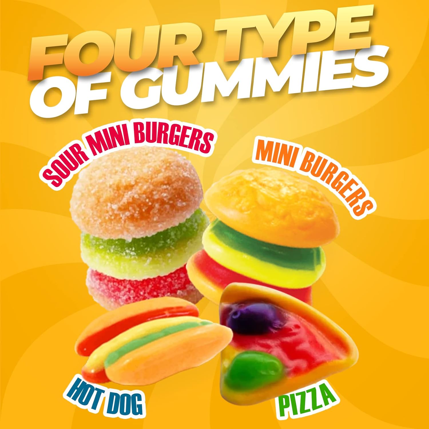 eFrutti Gummy Candy Variety Pack – Sweet & Sour Gummies with Burgers, Mini Burgers, Pizza and Hot Dog Tangy Fruity Gummies Bulk Candy for Home, Office Gifts or Birthday – 2 lbs Bulk Pack Pieces
