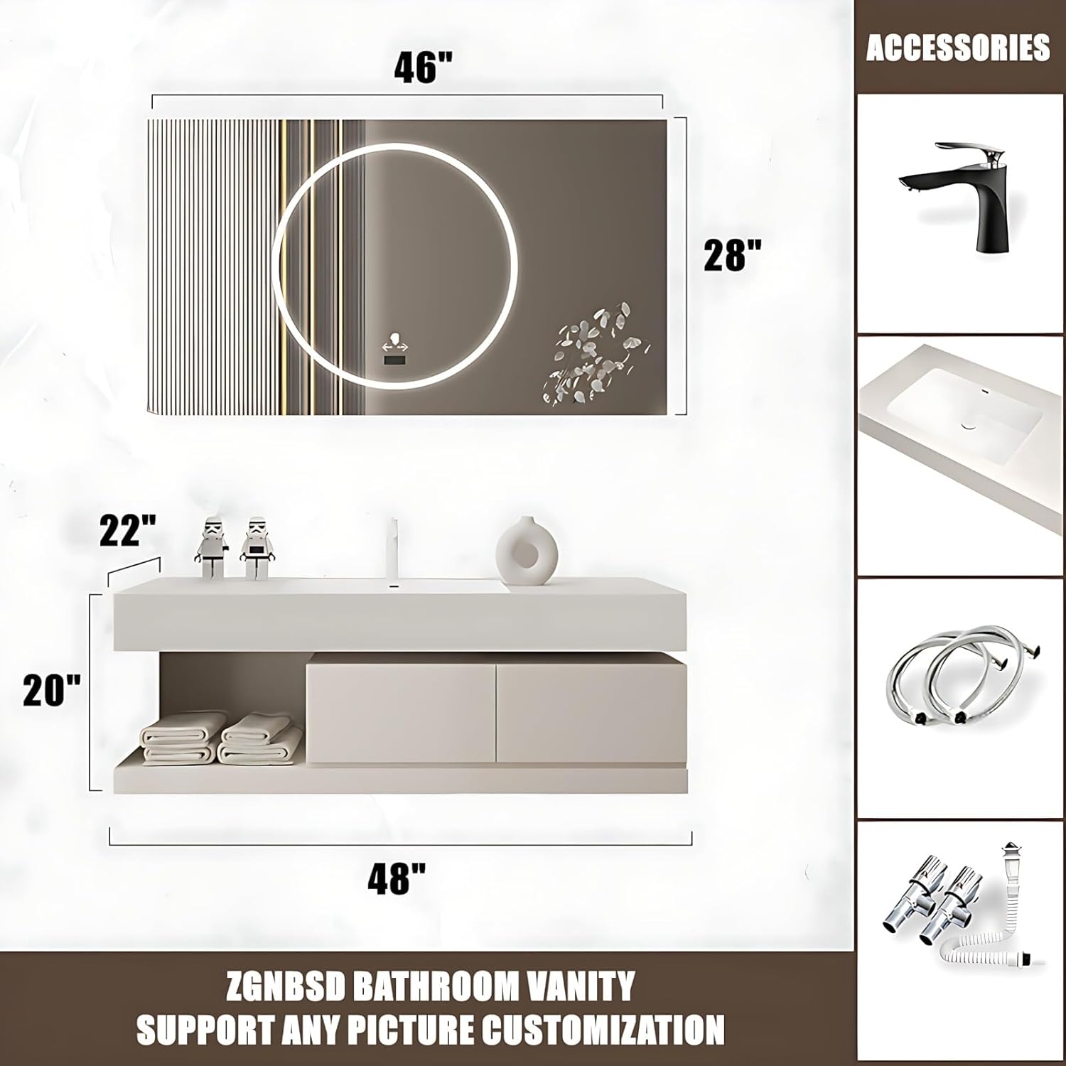 Bathroom Vanity with Sink - Floating Bathroom Vanity with Drawer & Smart Defog Mirror Cabinet,Multi-Layer Solid Wood Material, Wall Mounted (48 in)