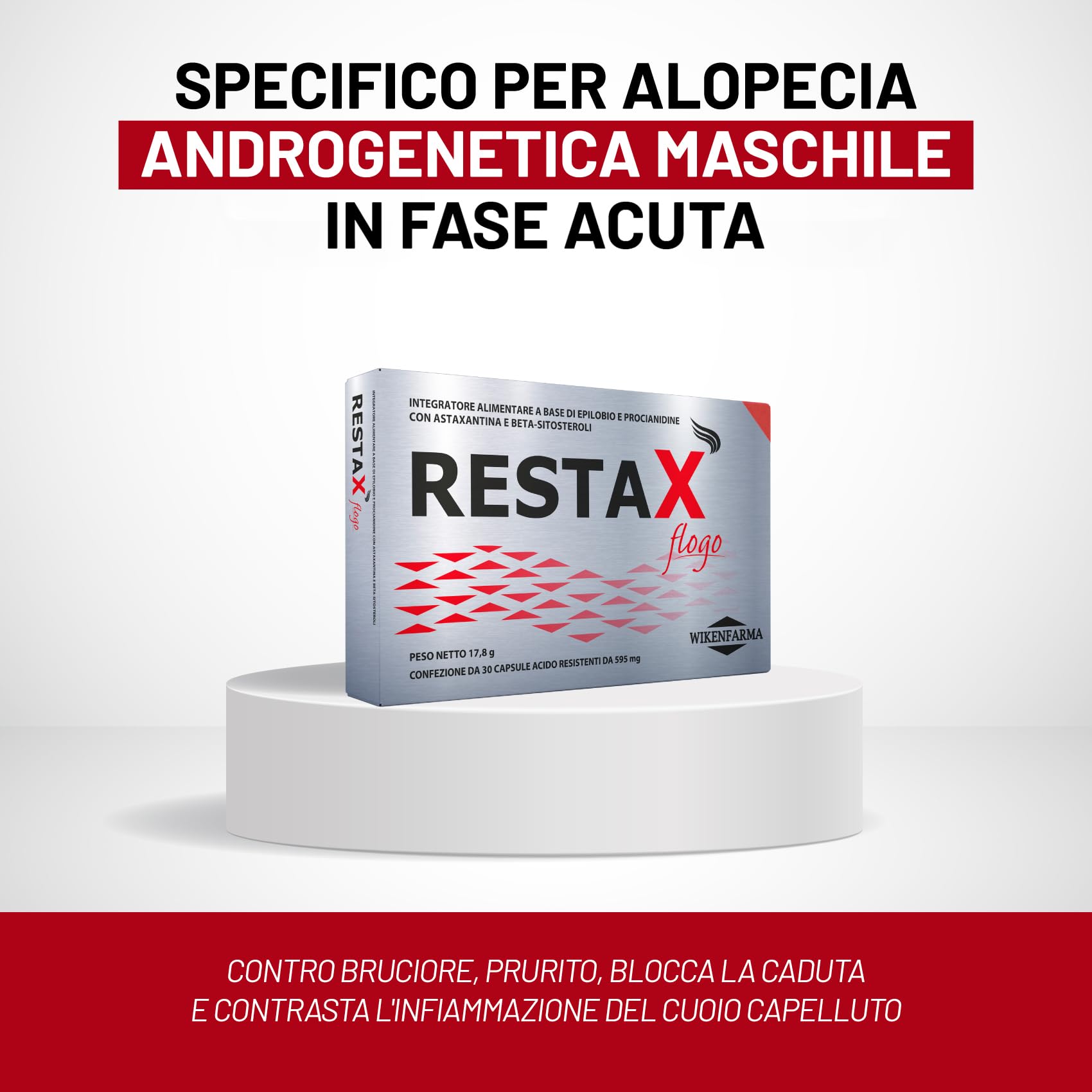 RestaX Flogo per alopecia androgenetica maschile con infiammazione. Con Epilobio fitosteroli e antiossidanti. Contro bruciore, prurito, blocca la caduta e contrasta l'infiammazione del cuoio capelluto