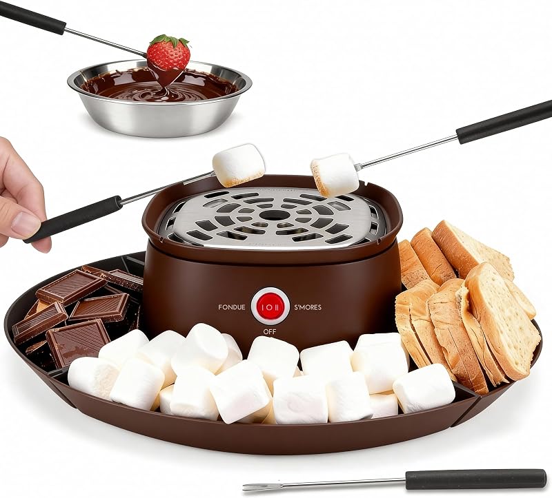 SugarWhisk 2 in 1 Electric Smore Maker & Fondue Set, Marshmallow Roaster with 4 Forks, Indoor Smores Kit for Kids & Couples, Cheese & Chocolate Fondue Pot, 4 Detachable Trays, Brown