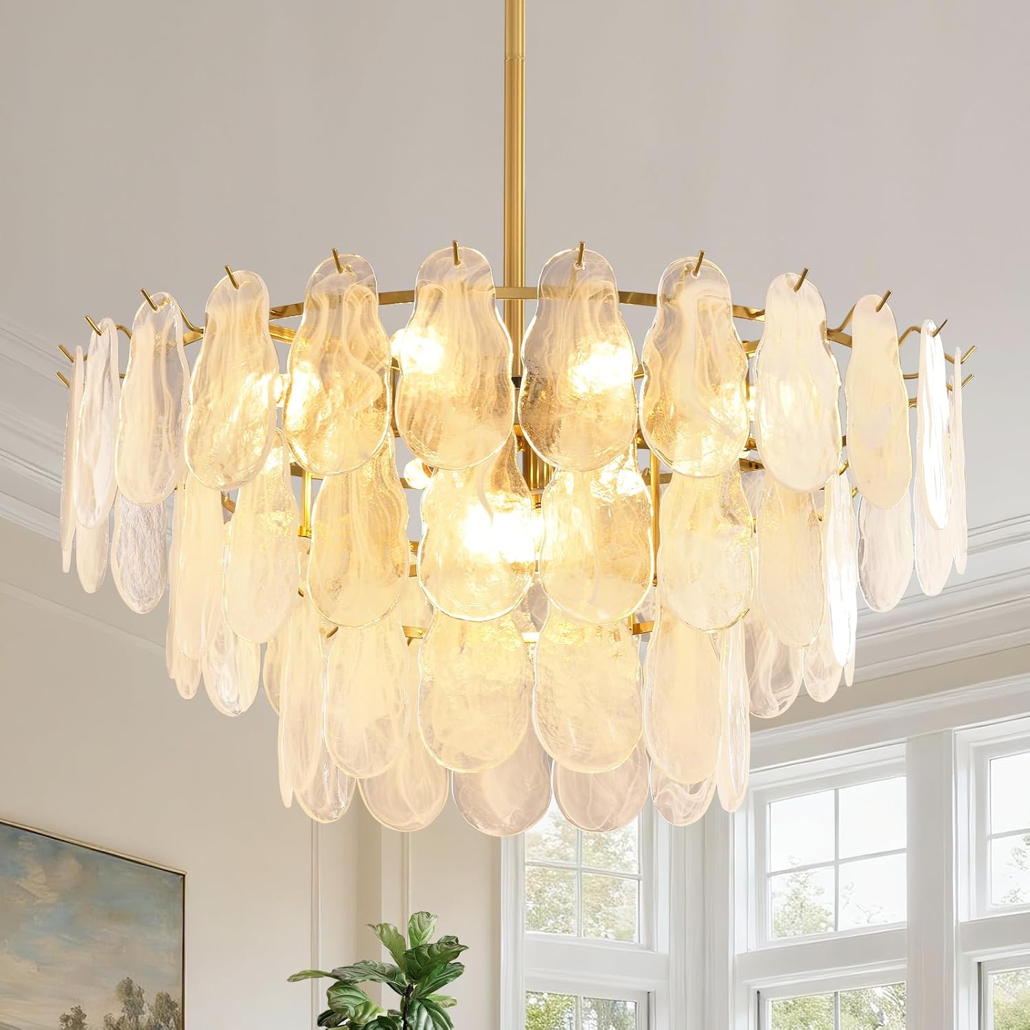 Modern Gold Chandelier Lighting, D23.6 Inch Creative Cloud Glass Pendant Ceiling Fixture Lamp, 3 Tier Round Crystal Glass Chandelier, 9-Light for Living Room Bedroom Dining Room (E12)