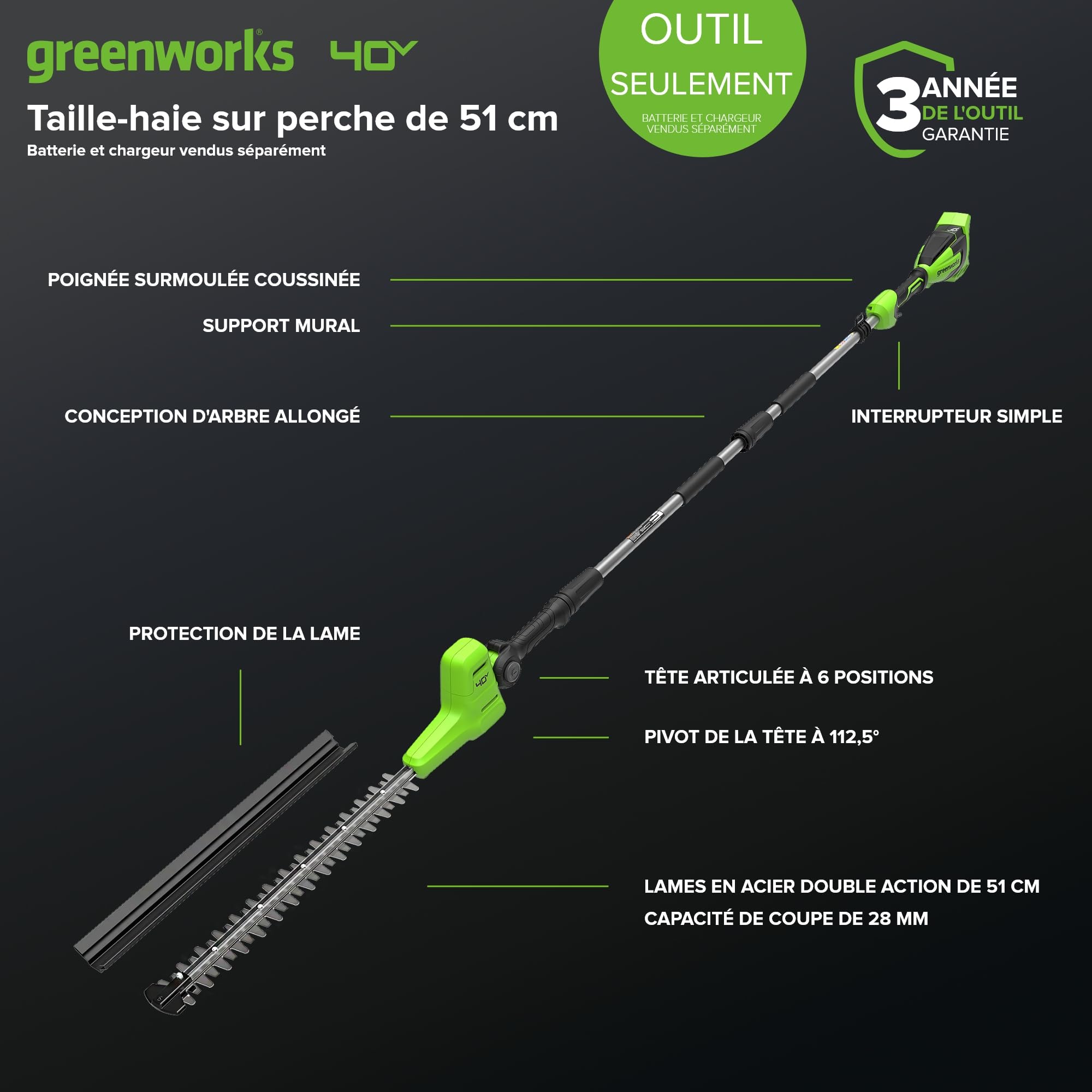 Greenworks 40V Taille-Haie sur Perche, Lames Double Action 51 cm, Coupe jusqu'à 28 mm Épaisseur Branche, Tête Pivotante 112.5°, 3200 TR/Min sans Batterie ni Chargeur, Garantie de 3 Ans PH40B01-01