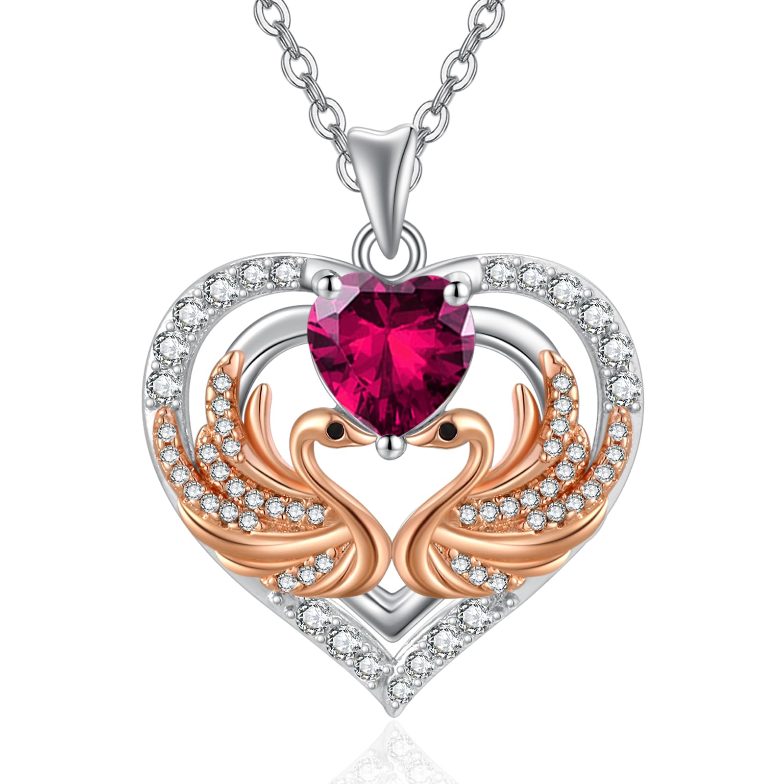 Swan Heart Necklaces for Women, 925 Sterling Silver Heart Jewelry with Birthstone Pendant, Valentines Day Birthday Gifts for Women, 18+2 Inch Chain