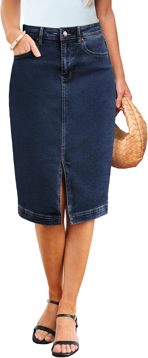 luvamia Jean Skirts for Women Denim Trendy Summer Casual Stretchy High Waisted Midi Below Knee Pencil Skirt with Slit