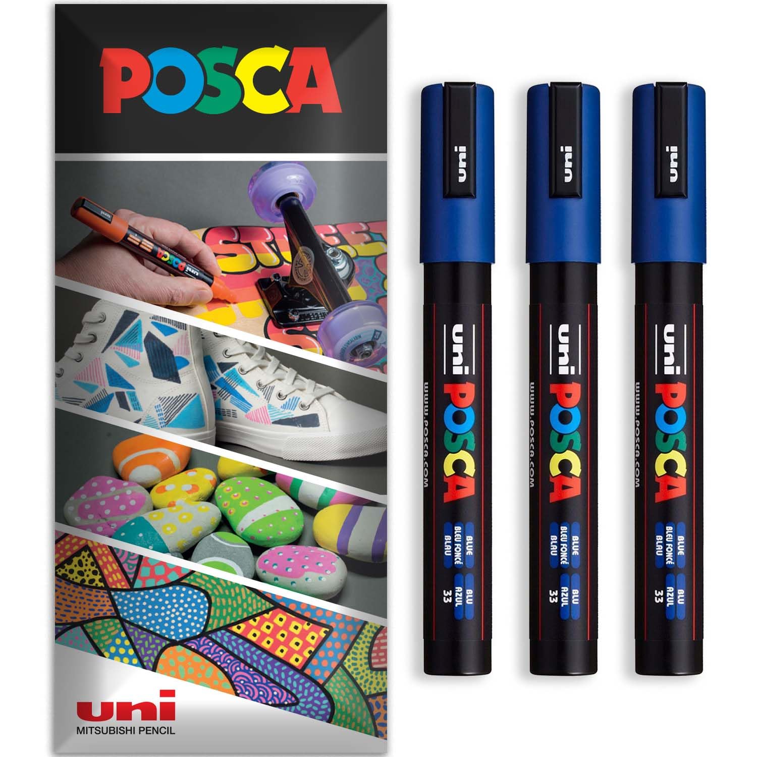 Posca - Rotulador permanente a base de agua, multiuso en superficies, PC-5M, paquete de 3 bolígrafos en cartera (azul)