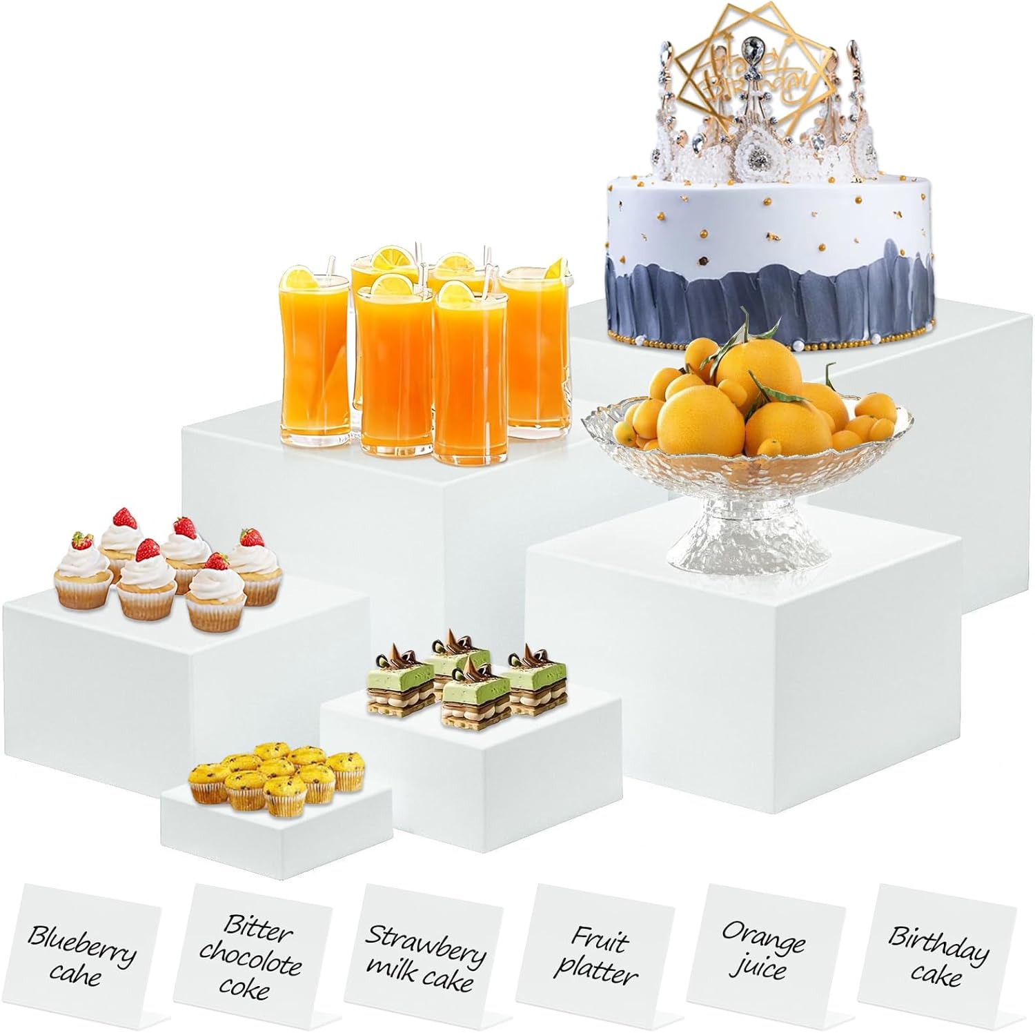 6 Pcs White Buffet Risers and Stands with Mini Signs, Food Risers for Buffet Table, Food Display Risers Acrylic Risers Display Stand for Party Weddings Dessert (5",6",7",8",9",10")