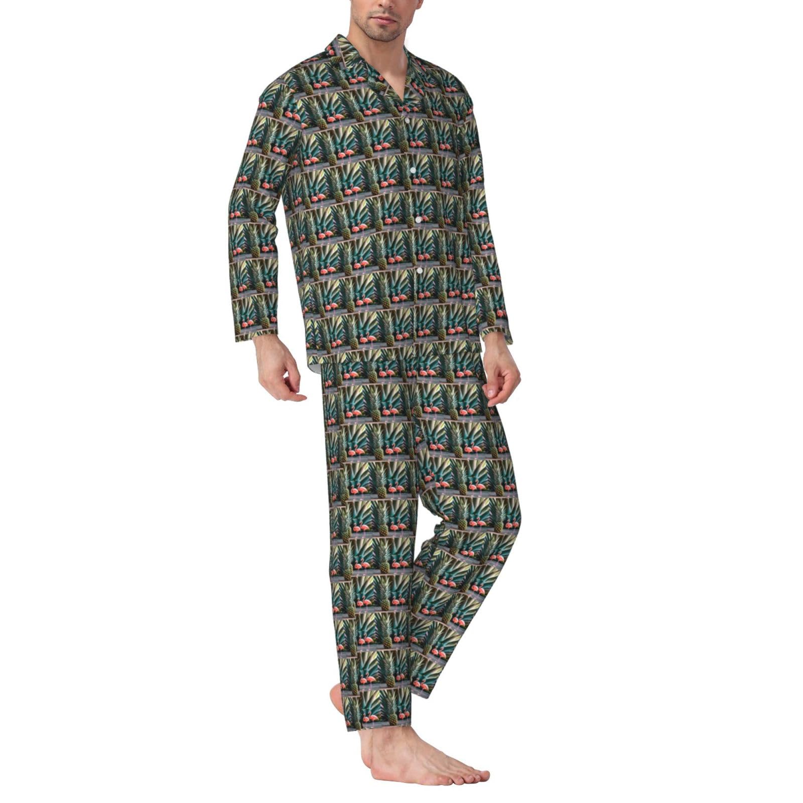 Herren-Pyjama-Set, langärmelig, Ananas-Flamingo-Druck, zweiteilig, Hauskleidung, bequeme Nachtwäsche, Nachtwäsche
