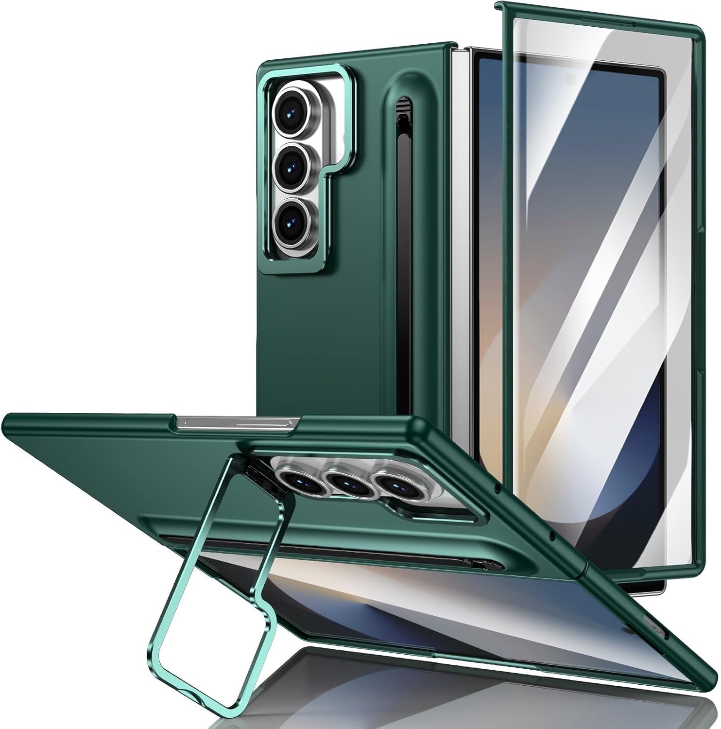 Smartphone Flip Cover Camera Stand Compatible with Samsung Galaxy Z Fold 7 Case with Built-in New Compact S Pen Slot, Case with Screen Protector Folding Series Protective Cover W/Regular Stylus(Green