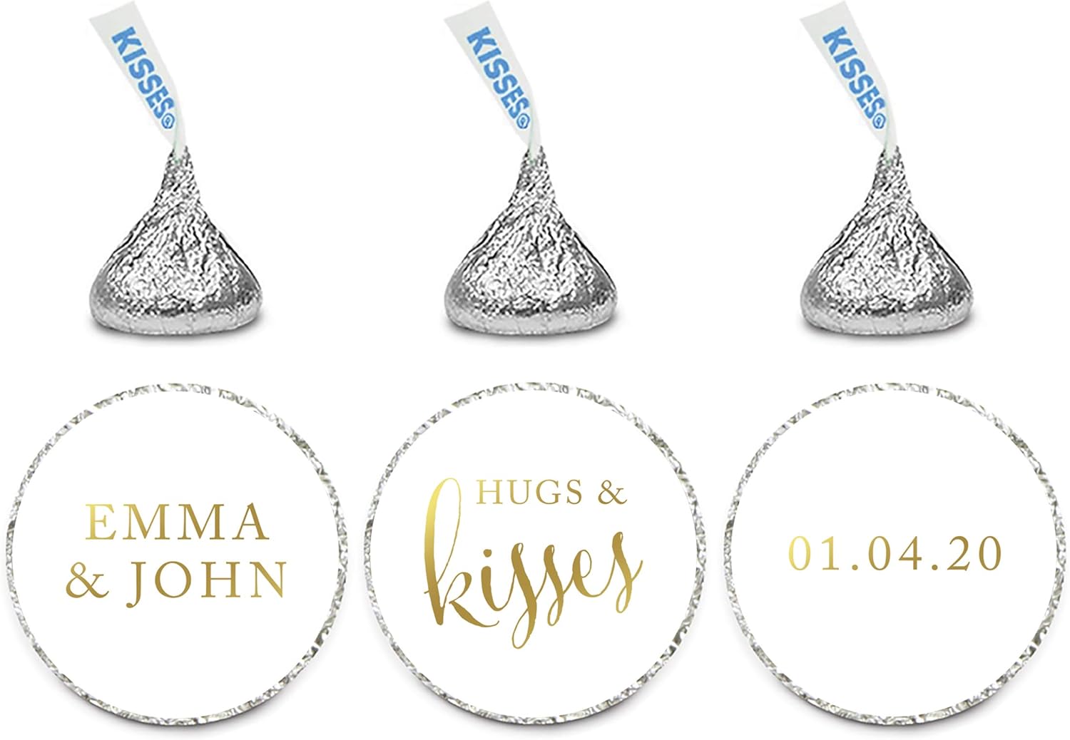 Andaz Press Personalized Wedding Chocolate Drop Label Stickers, Hugs and Kisses, Metallic Gold Ink, 216-Pack, Personalized Kisses Stickers for Engagement Bridal Shower Rehearsal Dinner Favors