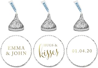 Andaz Press Personalized Wedding Chocolate Drop Label Stickers, Hugs and Kisses, Metallic Gold Ink, 216-Pack, for Engagement Bridal Shower Kisses Party Favors