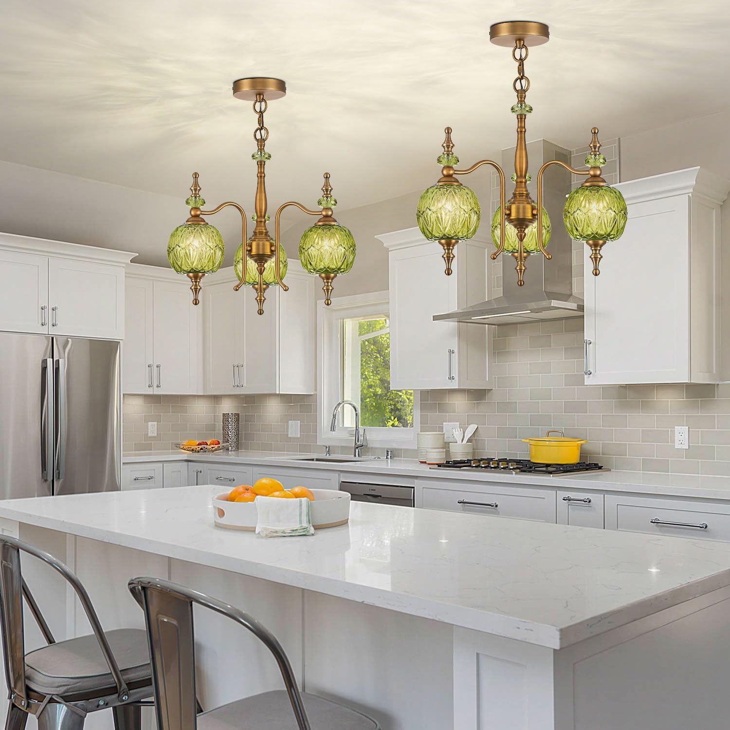 Vintage Green Pendant Lighting Fixtures,Victorian 3-Light Chandeliers for Kitchen Bedroom Living Room Dining Room Hallway