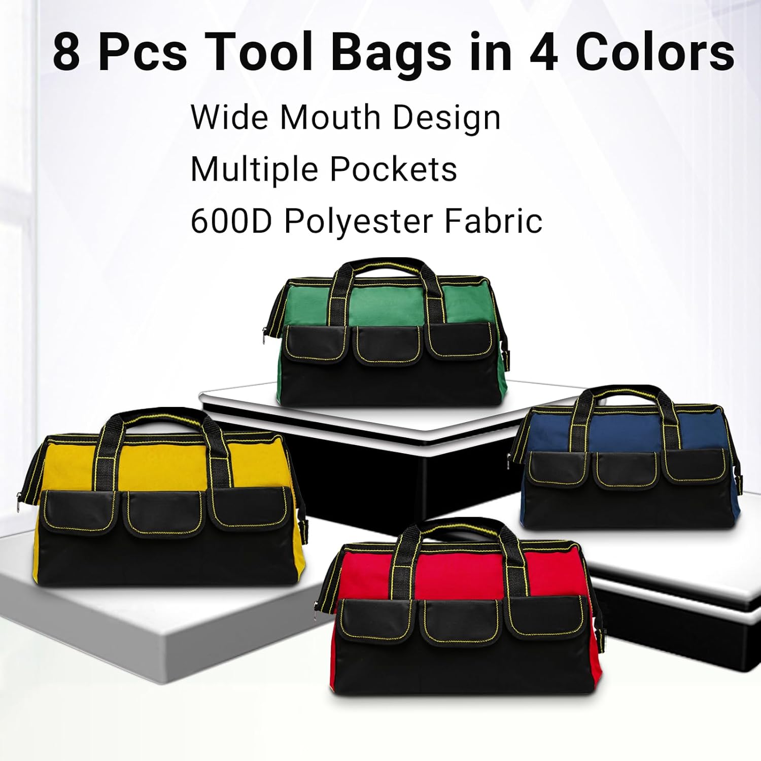 8 Pcs Tool Bag for Men Women Waterproof Heavy Tool Tote Multi Pockets Large Capacity Storage Tool Bag Hard Bottom Tool Tote for Various Tools Electrician Carpenter (Multicolor,16 Inch)