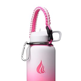 HYDRO CELL Paracord Handle for Wide Mouth Water Bottles - Carrier Strap w/Attachment Ring and Carabiner Accessory. Compatible w/ 64oz, 40oz 32oz, 24oz, 18oz, 14oz Insulated Bottles (White/Pink)