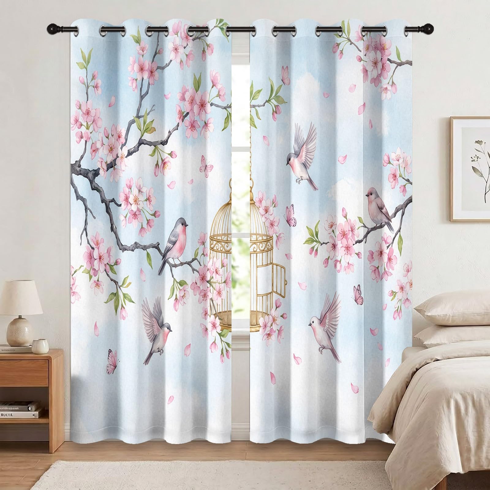 Rideau occultant Motif Graphique À Fleur De Fleurs De Cerisier, Rideaux œillets Isolation Thermique Traitements fenêtre à œillets pour Chambre À Coucher, 70L X 240H cm (2 Panneaux), Bleu