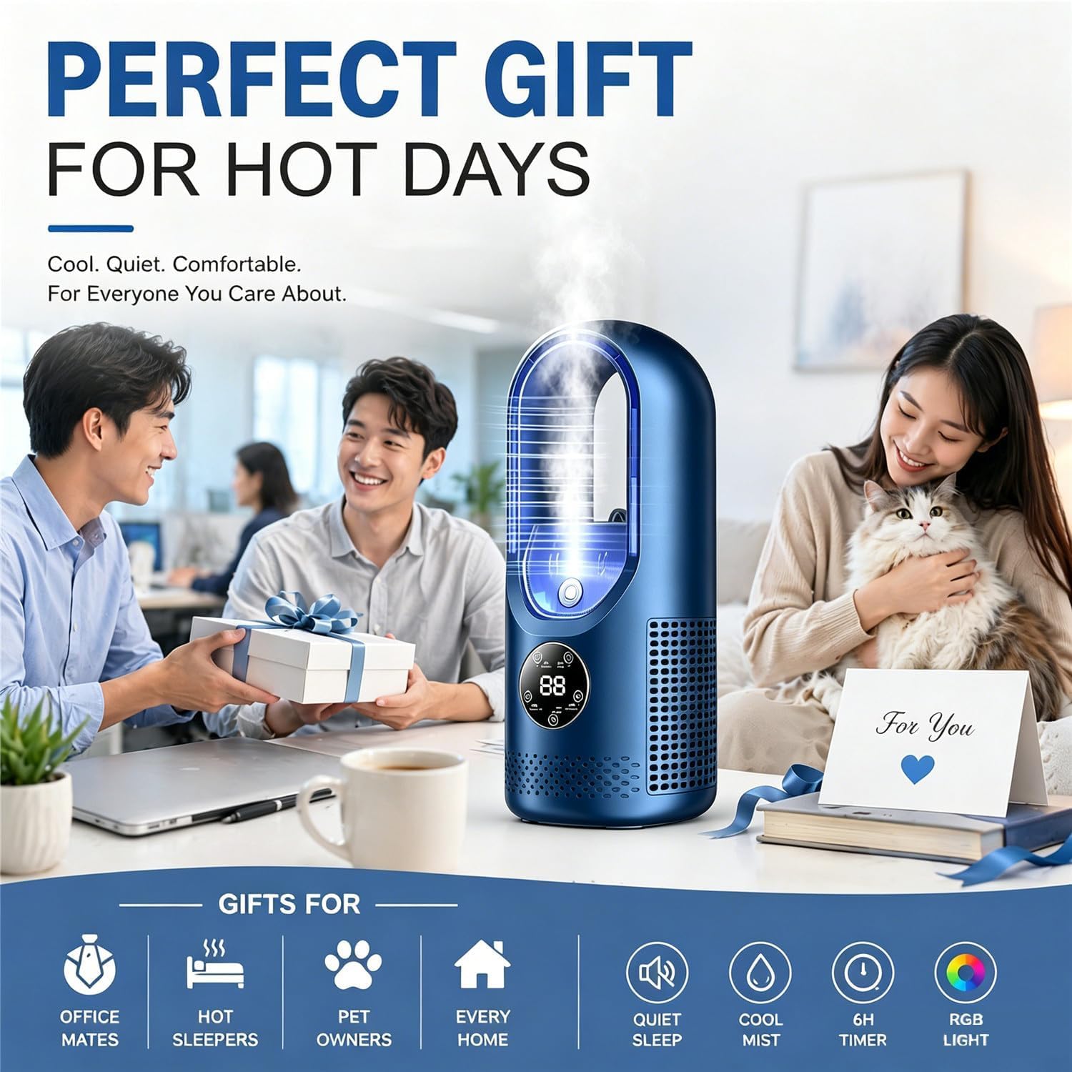Mini condizionatore d'aria portatile con ventilatore silenzioso senza pale con 6 velocità del vento e timer da 1-6H, umidificatore, alimentato tramite USB，Bianco+blu Scuro