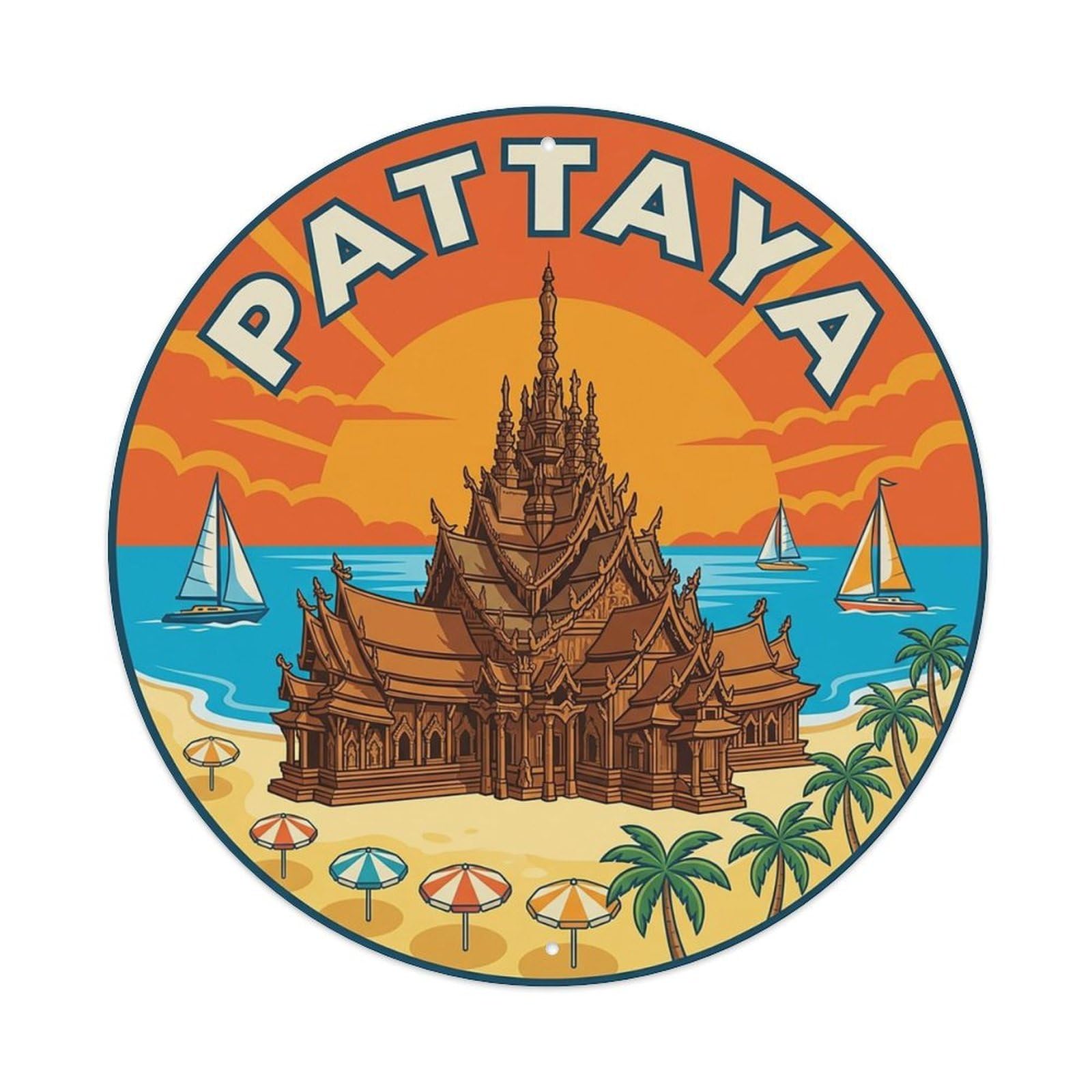 Thailand Retro Travel Pattaya Vintage Metal Tin Sign Plaque Wall Decor for Cafe, Club Bar, Office, Garden Metal Poster 8x8Inch