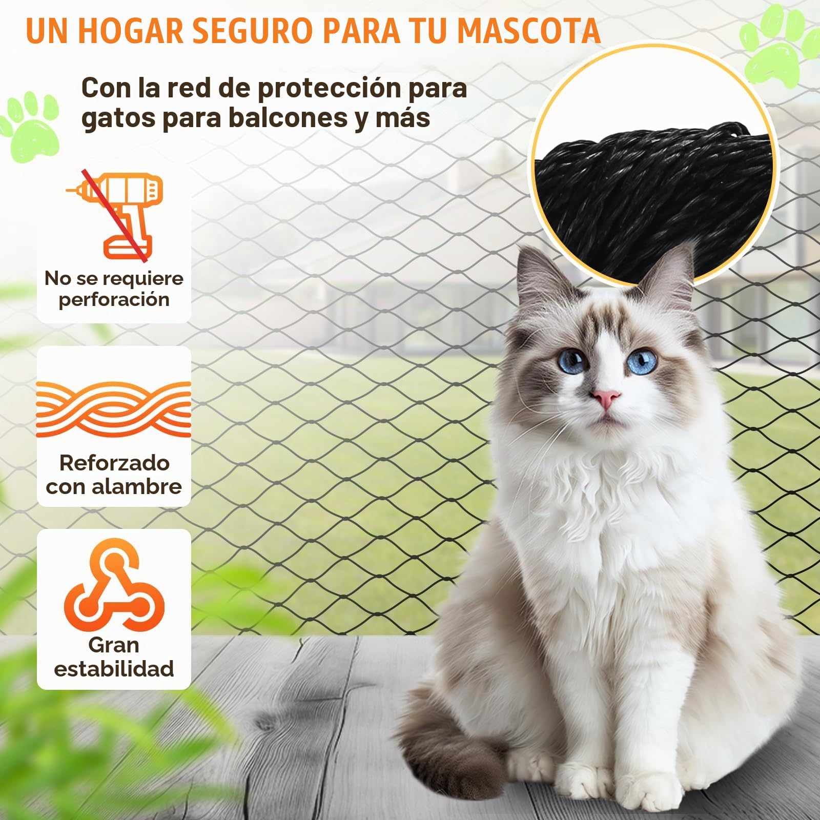 CENOVE Red para Gatos Reforzada con Alambre, 8x3m Red Protección para Gatos Terraza de sin Taladro para Balcones, Ventanas, Tragaluces y Puertas