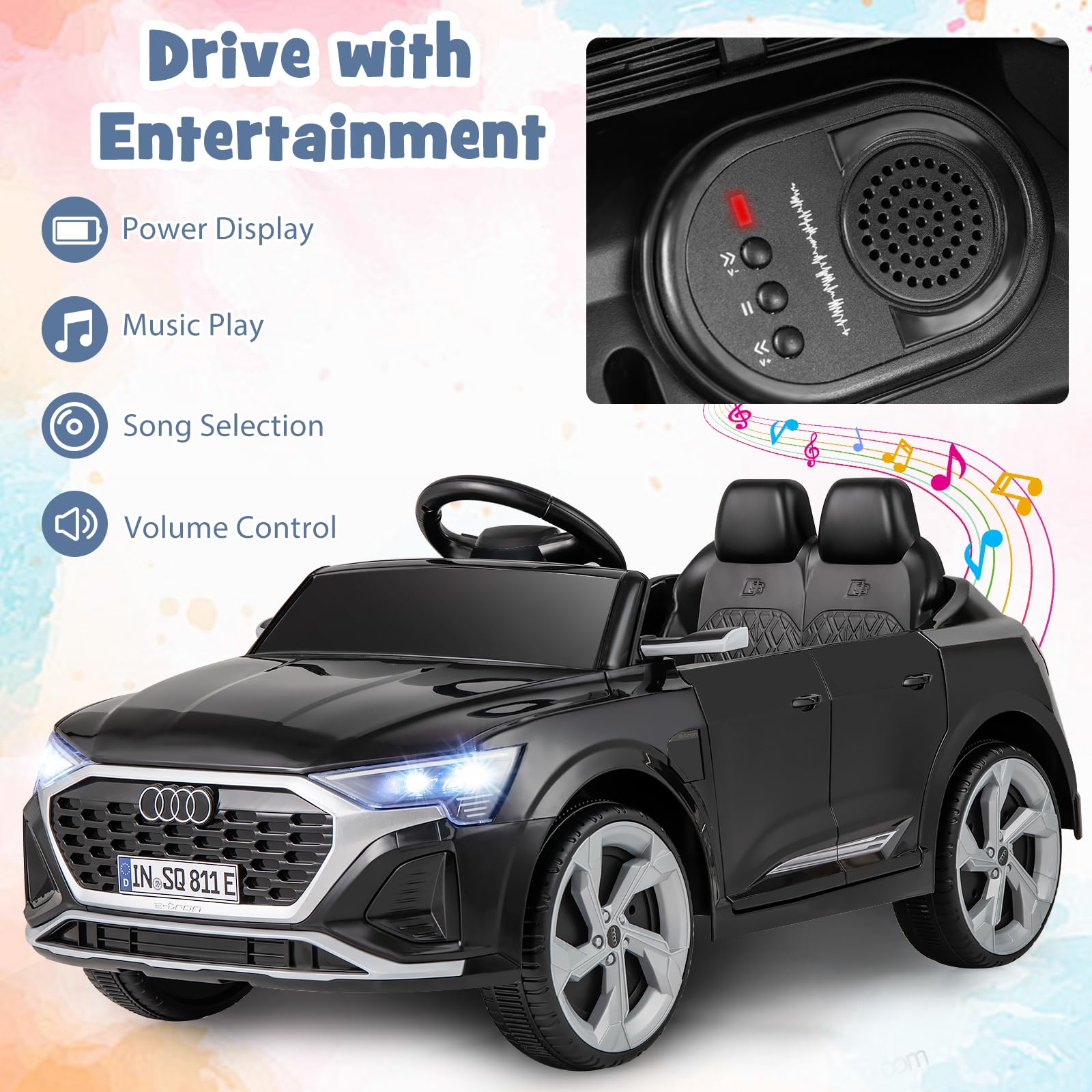 FANTASK Kinder Elektroauto, 12V Kinderauto Audi SQ8 mit 2,4G Fernbedienung & Hupe & Scheinwerfer & Musik, 3-Gang Elektrofahrzeug für Kinder 3-5 Jahre, 3-5 km/h (Schwarz)