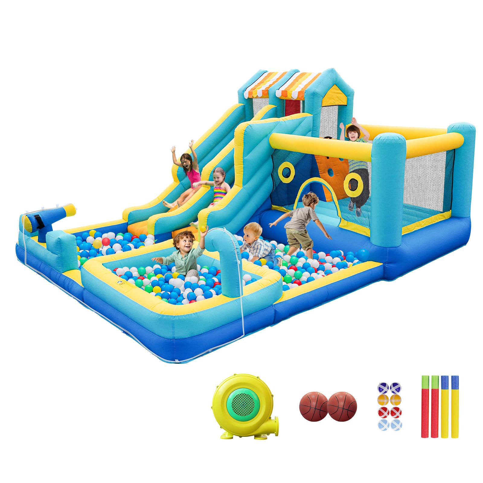 SportBob 10 en 1 Castillo Hinchable Grandes con Tobogán de Agua, Trampolín, Pared Escalada, Pistola de Agua, Piscina, Canasta Baloncesto para Niños Interior Exterior Jardín, 465x380x230 cm