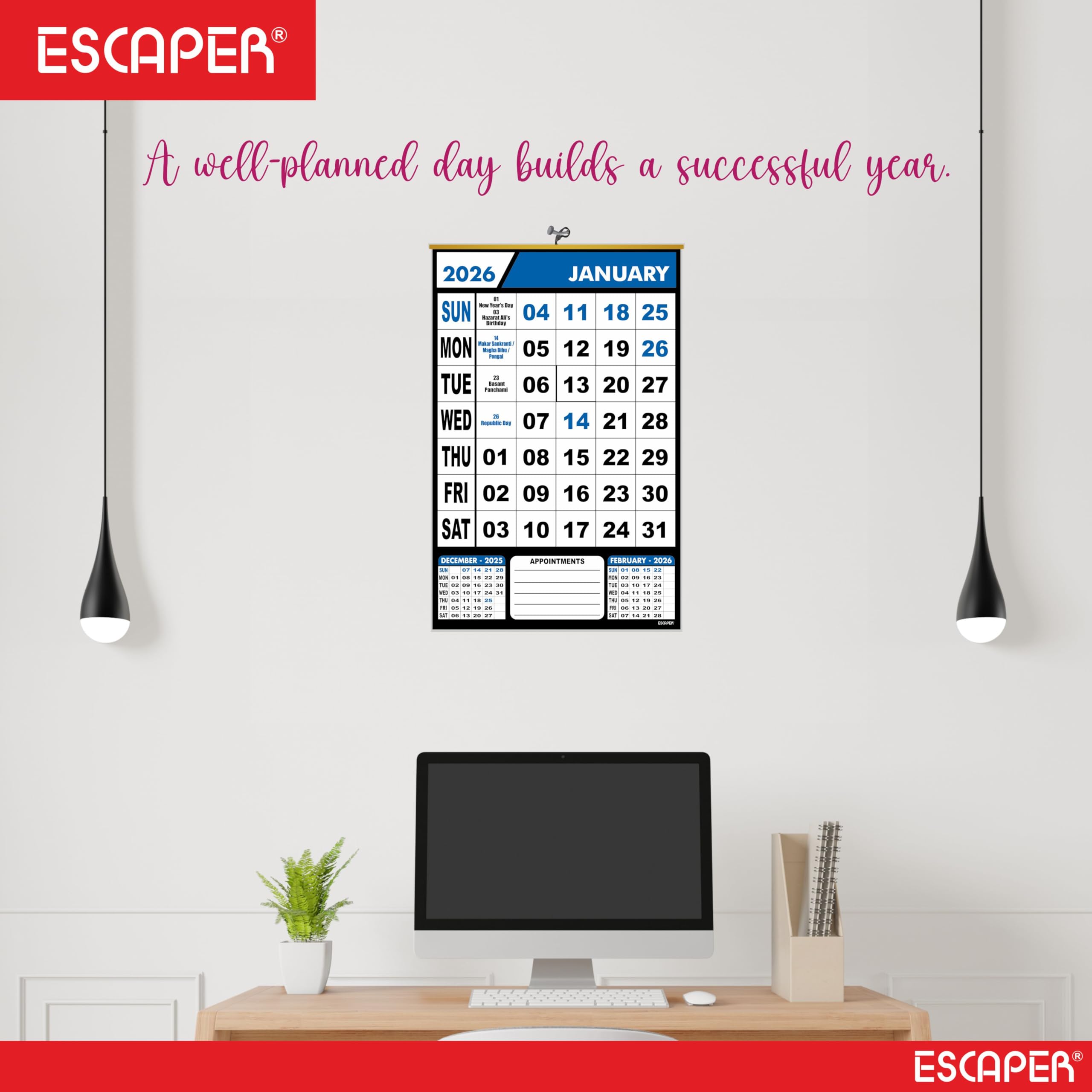 ESCAPER Calendario de pared azul 2026, calendario colgante grande con vacaciones indias, planificador mensual, papel de 100 g/m², diseño fácil de colgar, calendario de Año Nuevo 2026