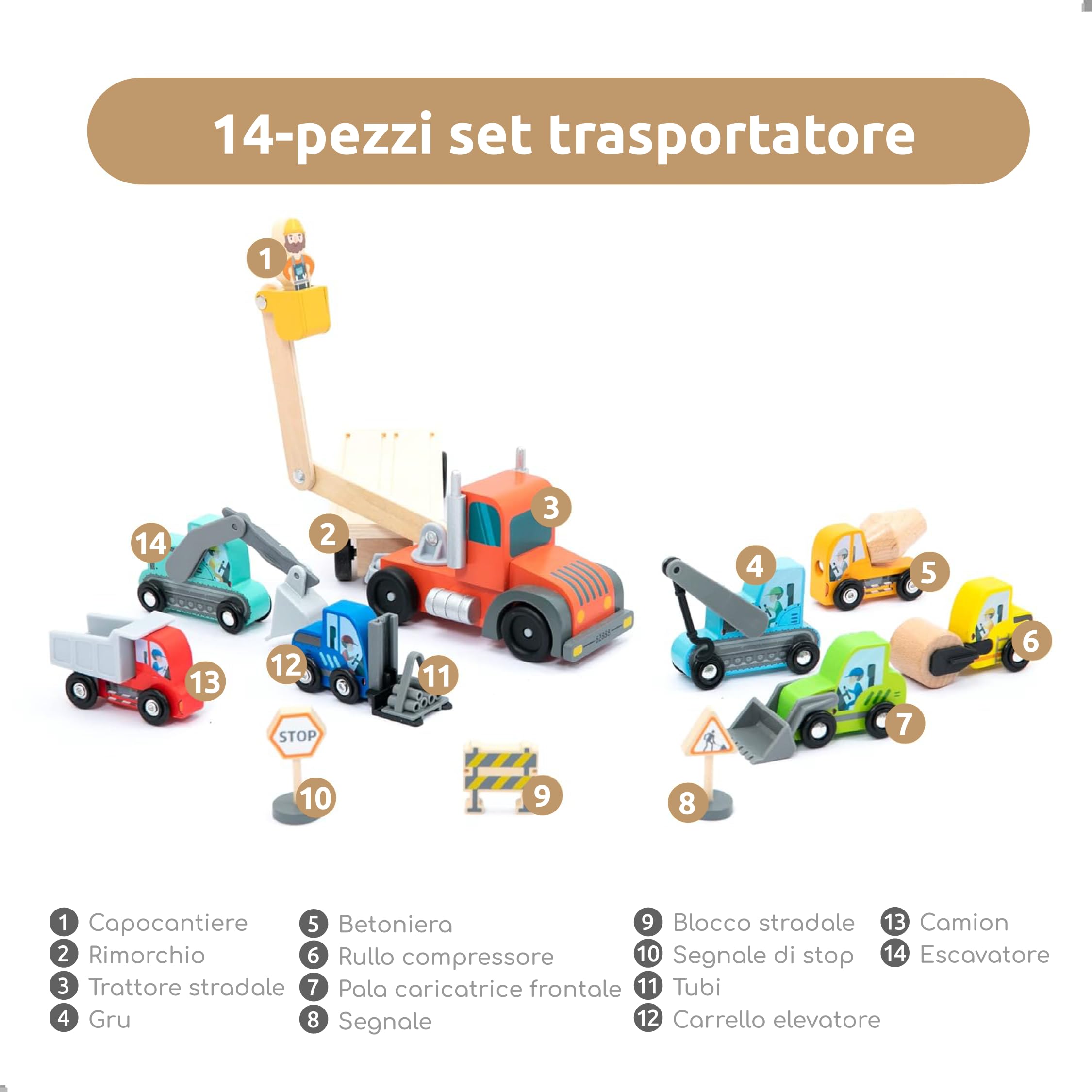 UMU® Set di giochi per veicoli da costruzione in legno per bambini, compatibile con i set ferroviari Brio World e altre marche, giocattolo contiene escavatore, gru, rullo e altro, set da 14 pezzi per