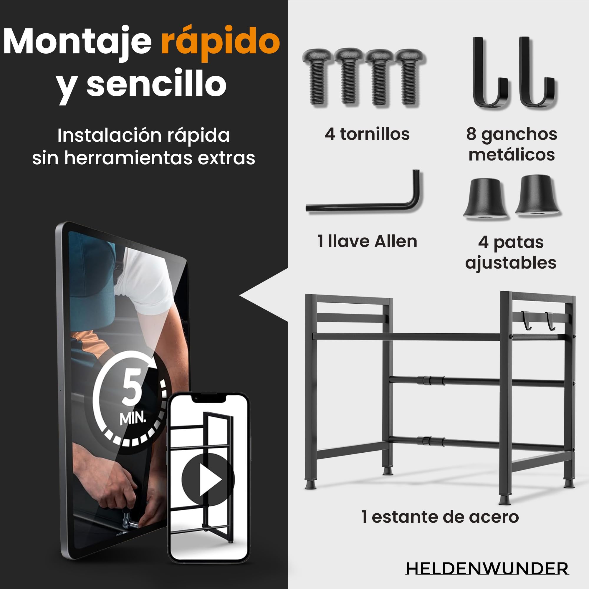 Heldenwunder Estantería Microondas Estantes Cocina Acero (2 Niveles) | Mueble Microondas Horno Estanterias Almacenaje Organizador Estante Panadería Ajustable + Instrucciones en Vídeo, Ganchos – Negro