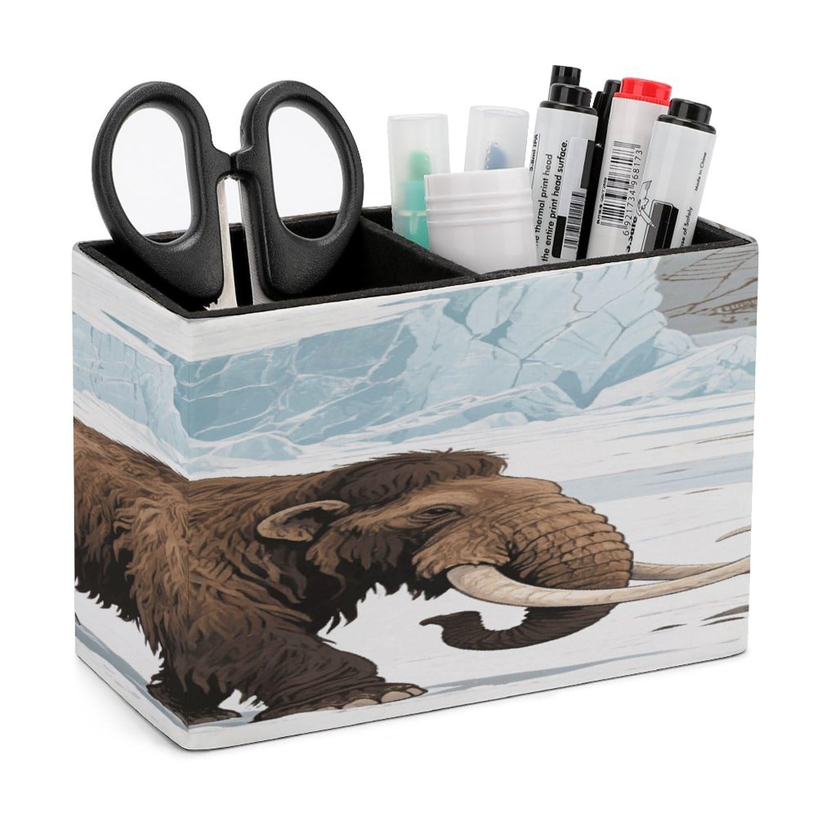 VstaDank Mammoth Pencil Holder for Desk Organizer 2 Compartments Pen Cup Leather Square Pen Holder Pencil Cup Stand Makeup Brush Holders for Desktop Organizer Storage Case