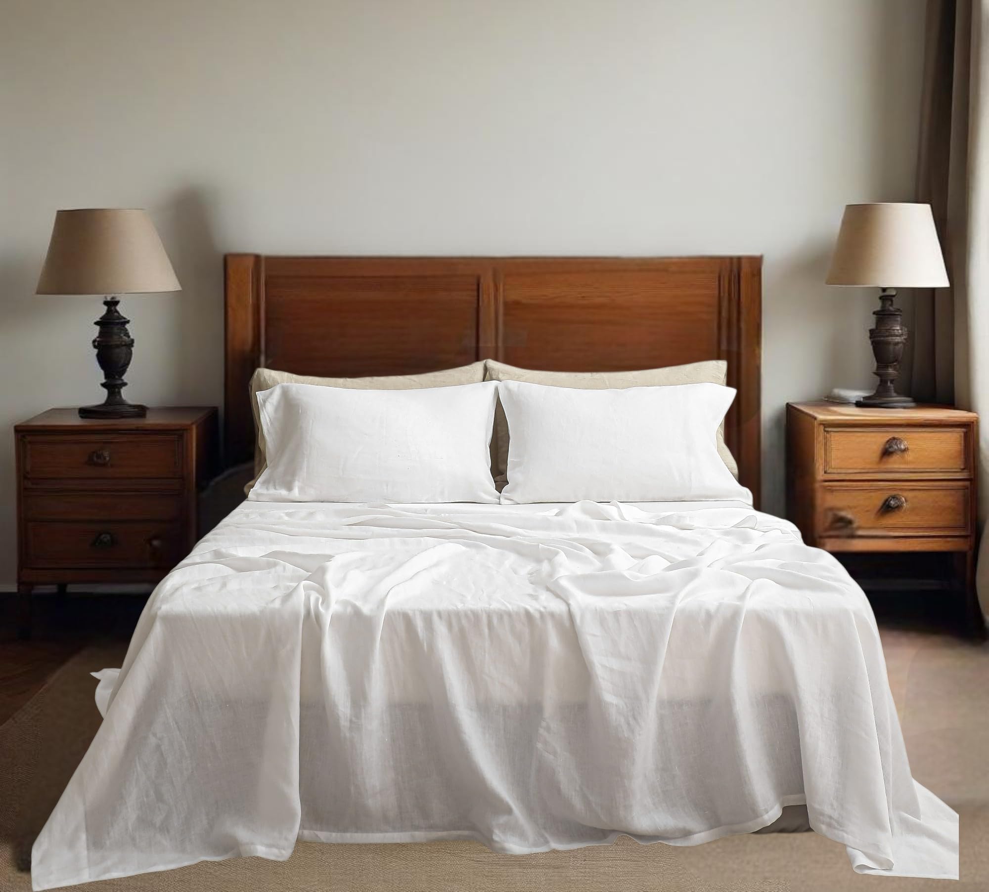 Simple&Opulence 100% Linen Sheet Set Solid Color-4 Pcs Washed French Linen Bed Sheets(1 Flat Sheet,1 Fitted Sheet,2 Pillowcases)-Breathable Bedding