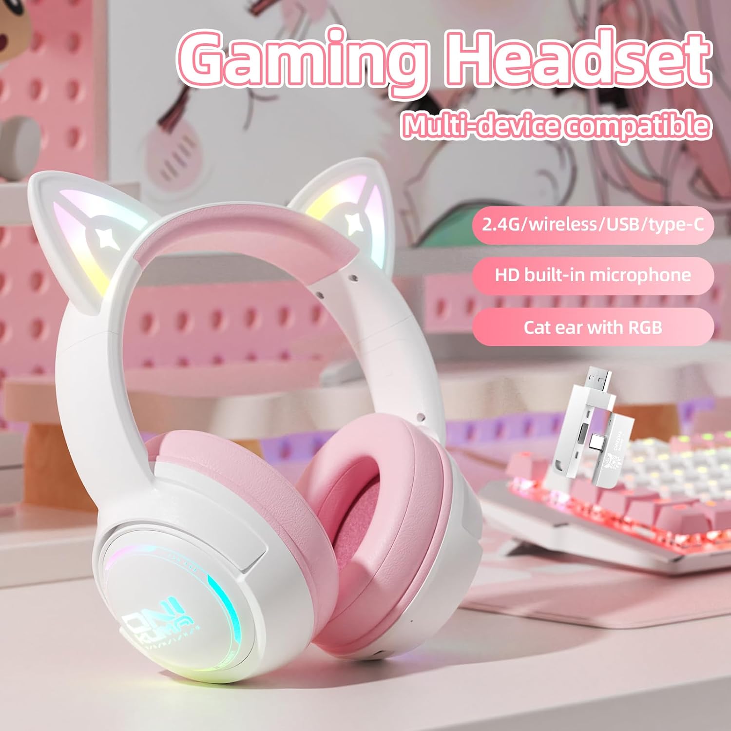 Wireless Cat Ear Gaming Headset with RGB Lights – Tri-Mode (2.4G Wireless/Bluetooth/Wired) Over-Ear Headphones with Mic, 50mm Drivers, Low Latency, Long Battery, Type-C Fast Charging (Pink)