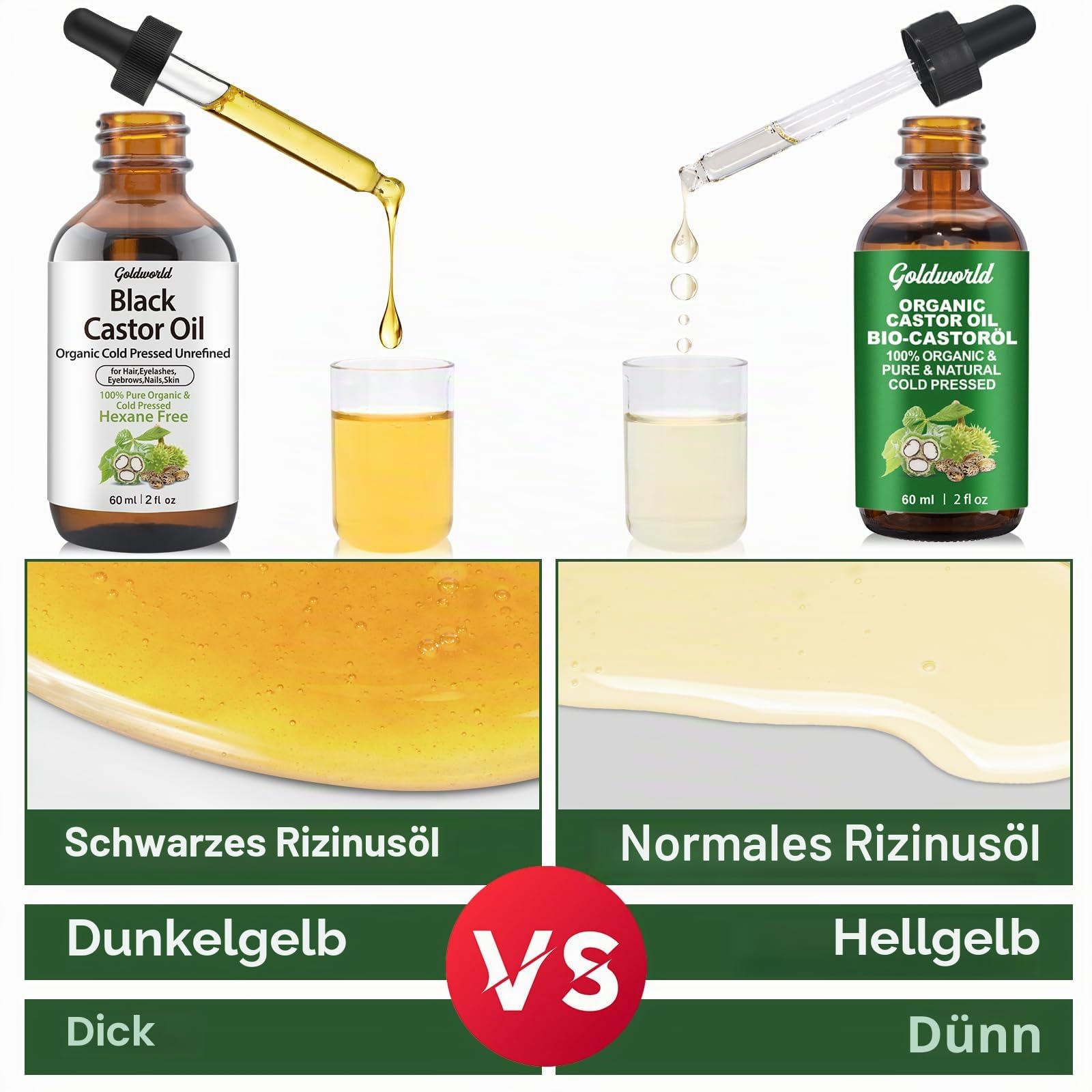 100% organisches, reines schwarzes Rizinusöl, kaltgepresst, für Haare, Augenbrauen, Wimpern, Wachstumsserum zum Wachsen von Wimpern, Rizinusöl für Haut, Körper, Gesicht, nicht raffiniert in