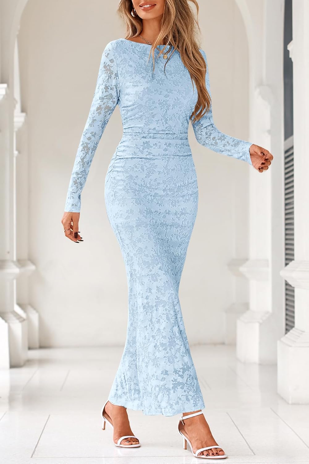 MITILLY Women's Formal Long Sleeve Dress Fall Elegant Floral Bodycon Ruched Cocktail Party Maxi Dresses New - Image 2